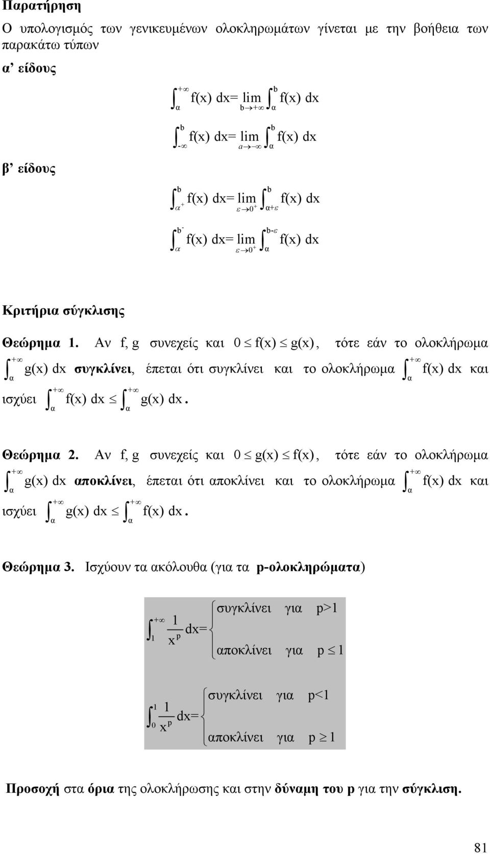 Αν g() d f, g συνεχείς κι f() g(), τότε εάν το ολοκλήρωμ συγκλίνει, έπετι ότι συγκλίνει κι το ολοκλήρωμ ισχύει f() d g() d. f() d κι Θεώρημ.