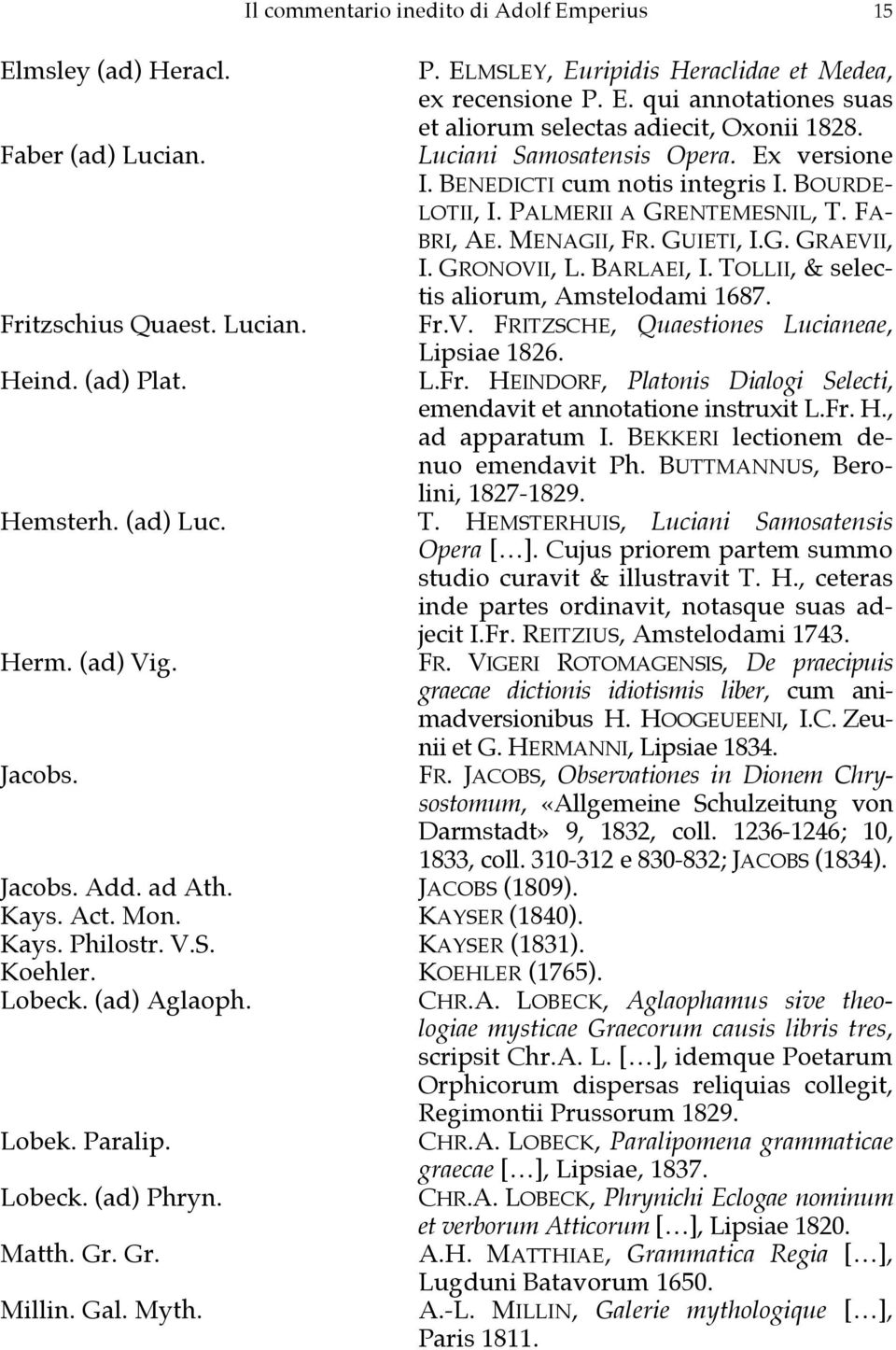 P. ELMSLEY, Euripidis Heraclidae et Medea, ex recensione P. E. qui annotationes suas et aliorum selectas adiecit, Oxonii 1828. Luciani Samosatensis Opera. Ex versione I.