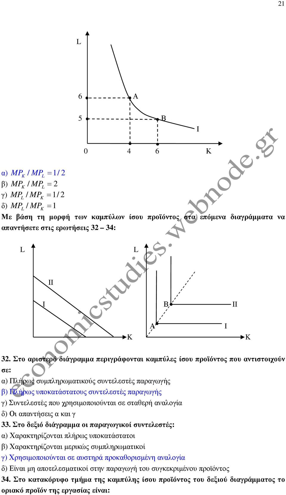 Στο αριστερό διάγραµµα περιγράφονται καµπύλες ίσου προϊόντος που αντιστοιχούν σε: α) Πλήρως συµπληρωµατικούς συντελεστές παραγωγής β) Πλήρως υποκατάστατους συντελεστές παραγωγής γ) Συντελεστές που