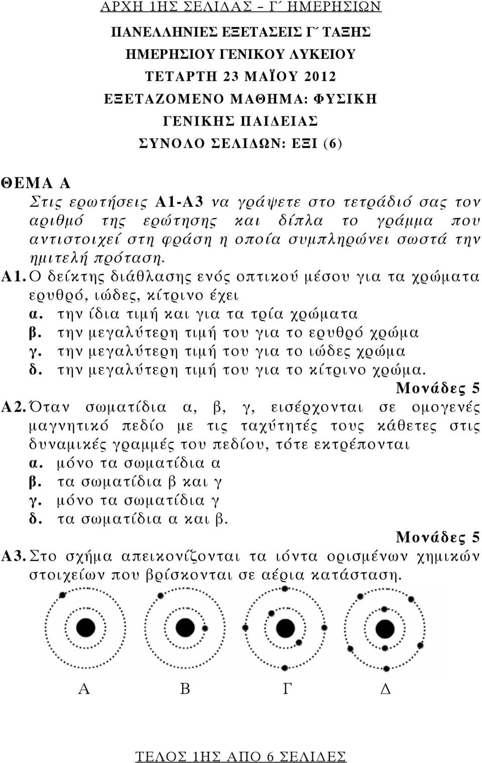 Ο δείκτης διάθλασης ενός οπτικού μέσου για τα χρώματα ερυθρό, ιώδες, κίτρινο έχει α. την ίδια τιμή και για τα τρία χρώματα β. την μεγαλύτερη τιμή του για το ερυθρό χρώμα γ.