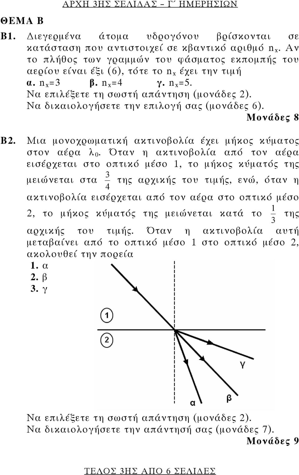 Να δικαιολογήσετε την επιλογή σας (μονάδες 6). Μονάδες 8 Β. Mια μονοχρωματική ακτινοβολία έχει μήκος κύματος στον αέρα λ.