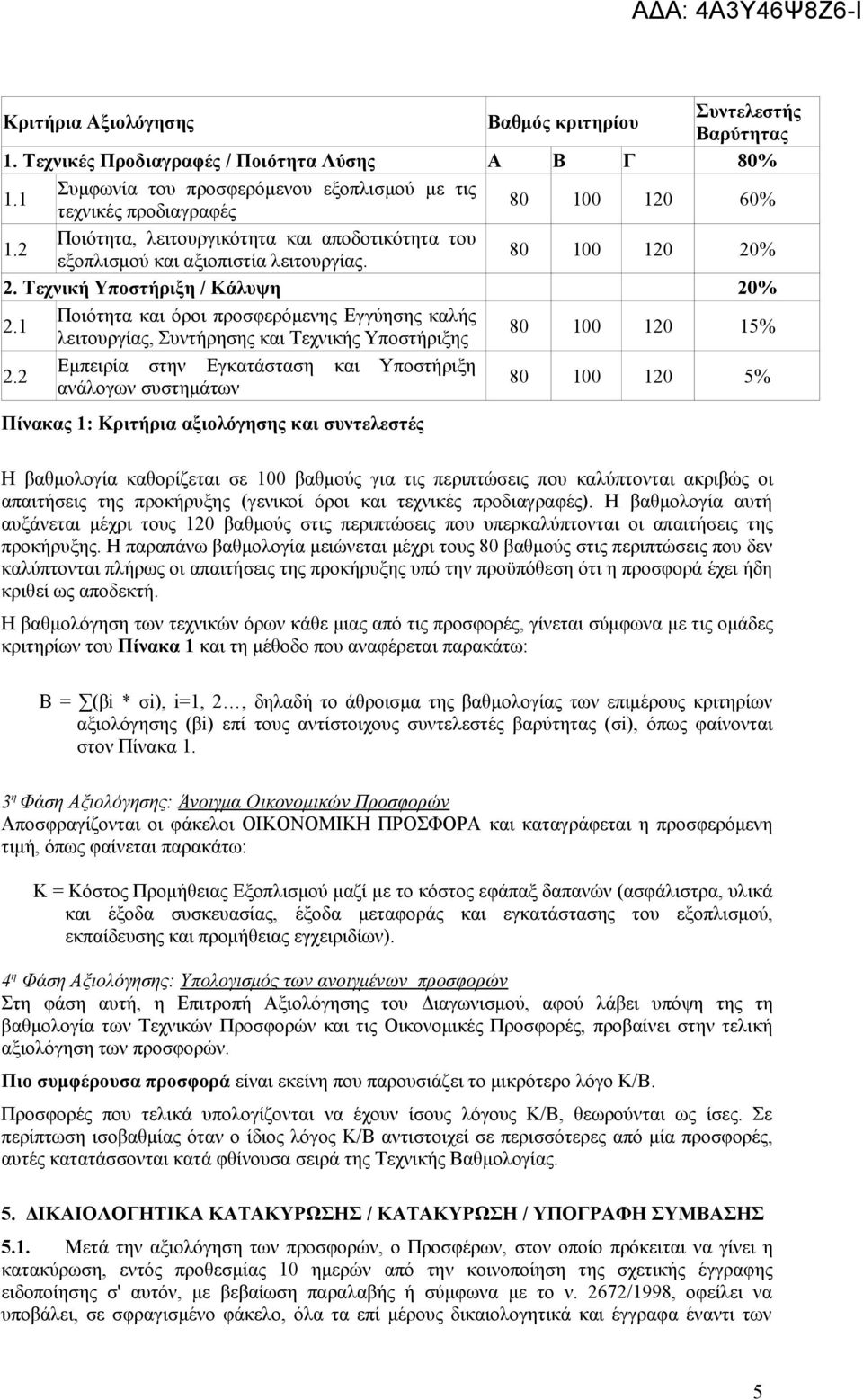 1 Ποιότητα και όροι προσφερόμενης Εγγύησης καλής λειτουργίας, Συντήρησης και Τεχνικής Υποστήριξης 80 100 120 15% 2.