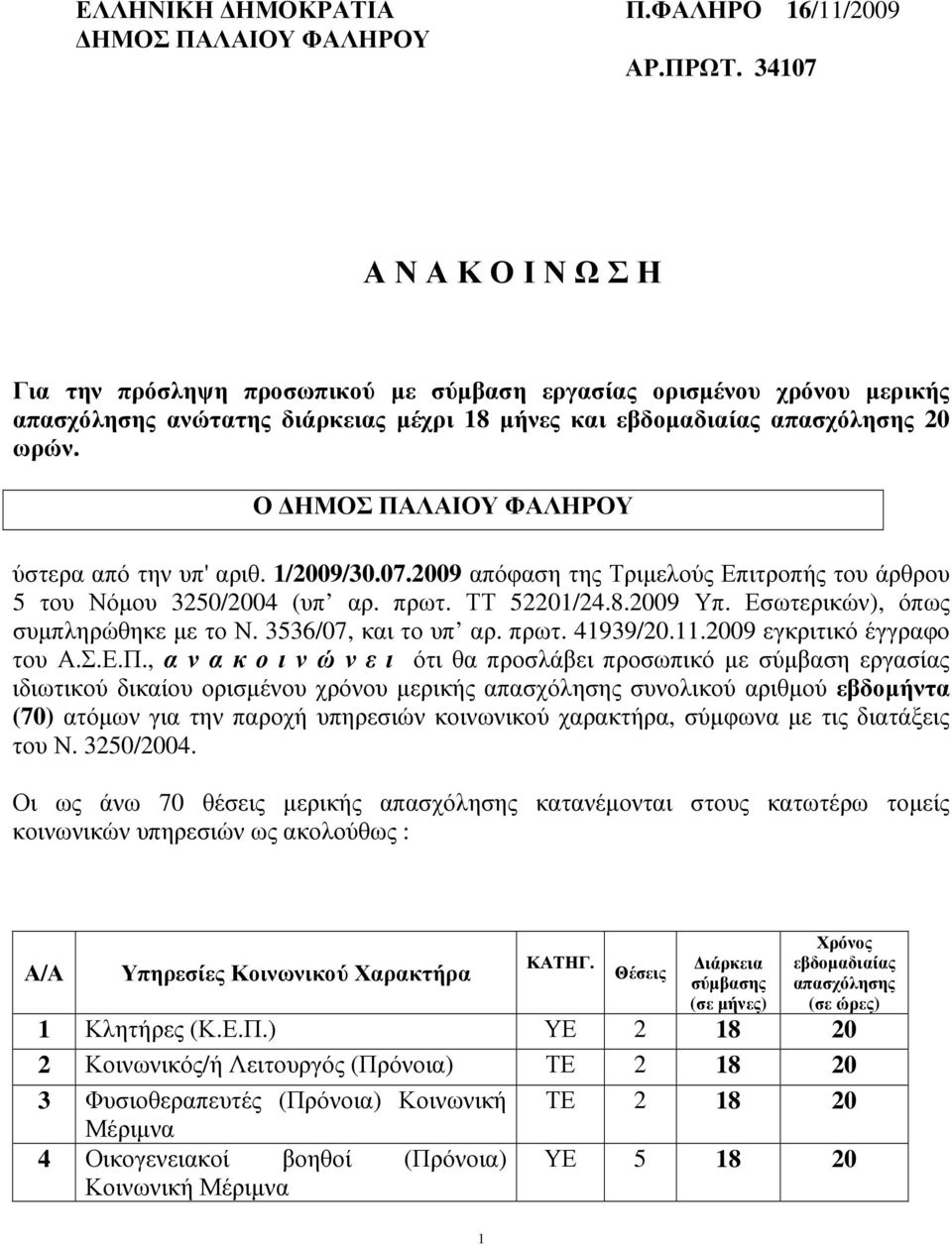 O ΗΜΟΣ ΠΑΛΑΙΟΥ ΦΑΛΗΡΟΥ ύστερα από την υπ' αριθ. 1/2009/30.07.2009 απόφαση της Τριµελούς Επιτροπής του άρθρου 5 του Νόµου 3250/2004 (υπ αρ. πρωτ. ΤΤ 52201/24.8.2009 Υπ.