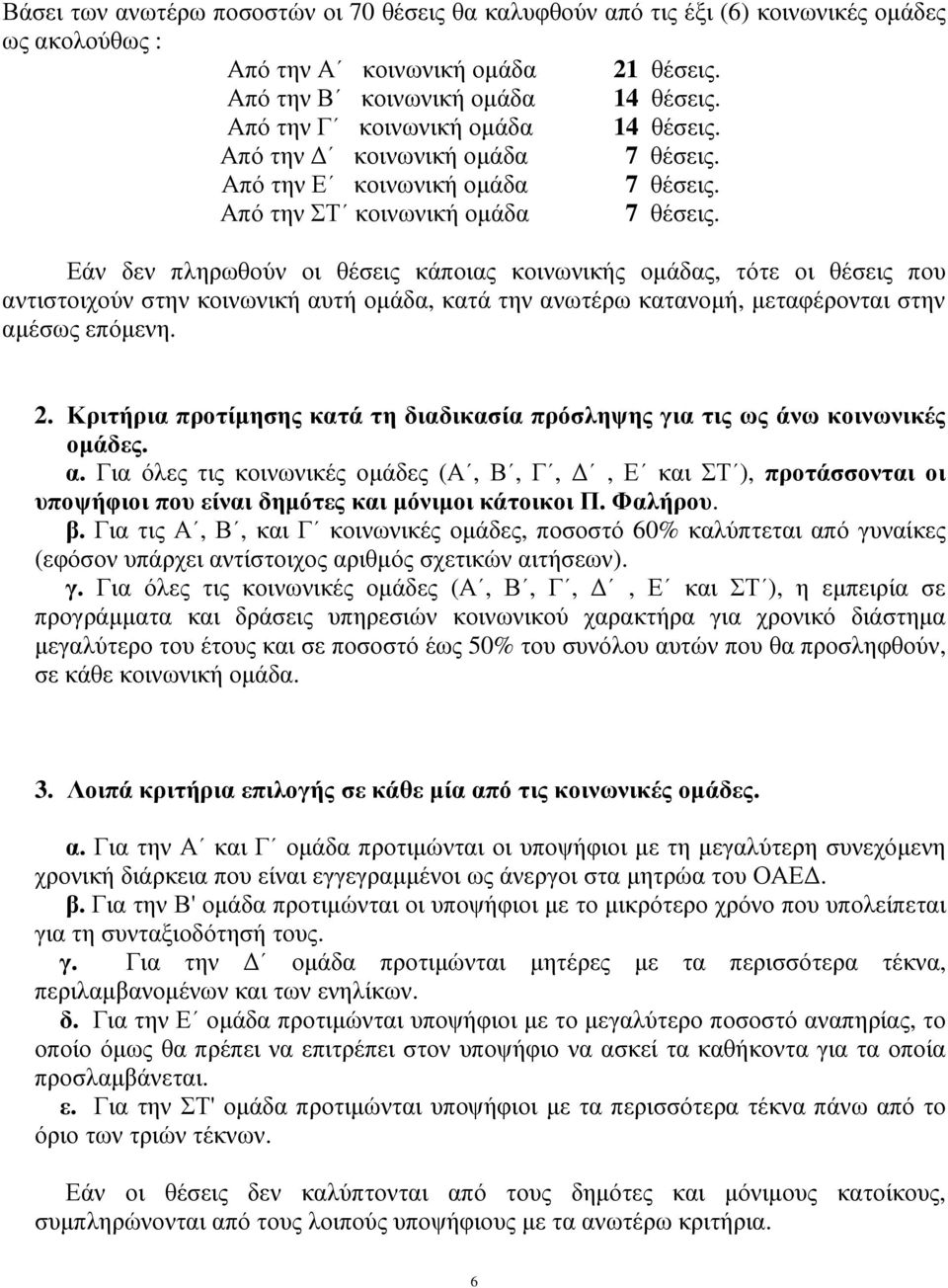 Εάν δεν πληρωθούν οι θέσεις κάποιας κοινωνικής οµάδας, τότε οι θέσεις που αντιστοιχούν στην κοινωνική αυτή οµάδα, κατά την ανωτέρω κατανοµή, µεταφέρονται στην αµέσως επόµενη. 2.