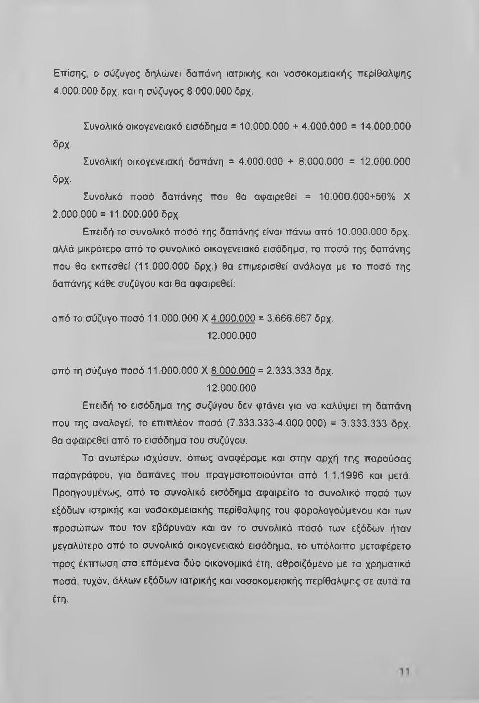 000.000 δρχ.) θα επιμερισθεί ανάλογα με το ποσό της δαπάνης κάθε συζύγου και θα αφαιρεθεί: από το σύζυγο ποσό 11.000.000 X 4.000.000 = 3.666.667 δρχ. 12.000.000 από τη σύζυγο ποσό 11.000.000 X 8.000.000 = 2.