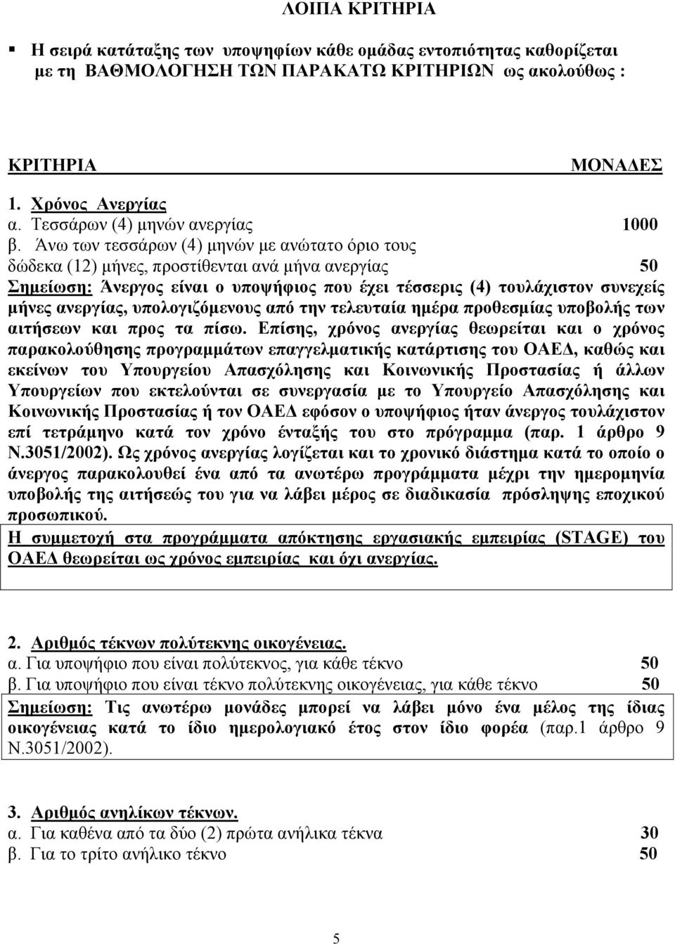 Άνω των τεσσάρων (4) μηνών με ανώτατο όριο τους δώδεκα (12) μήνες, προστίθενται ανά μήνα ανεργίας 50 Σημείωση: Άνεργος είναι ο υποψήφιος που έχει τέσσερις (4) τουλάχιστον συνεχείς μήνες ανεργίας,