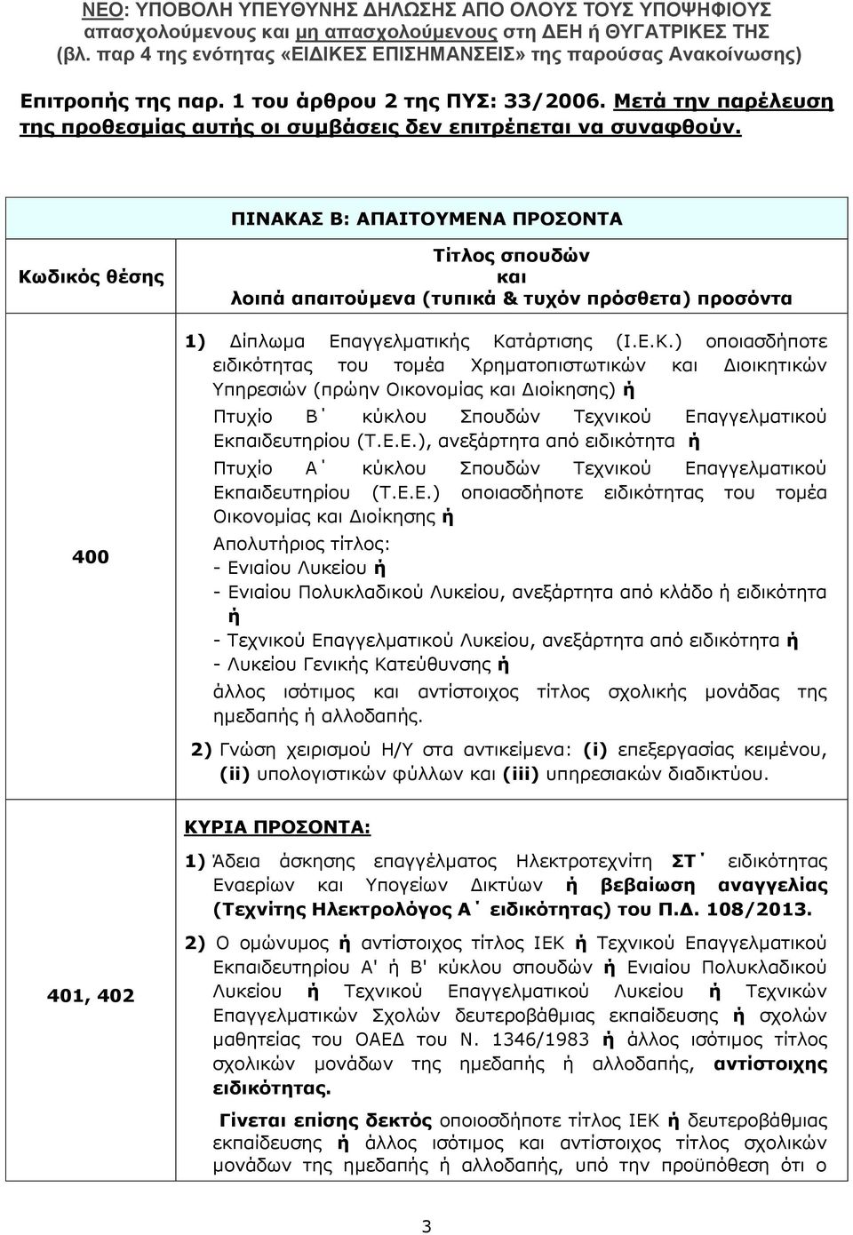 Ε.Ε.), ανεξάρτητα από ειδικότητα ή Πτυχίο Α κύκλου Σπουδών Τεχνικού Επαγγελματικού Εκπαιδευτηρίου (Τ.Ε.Ε.) οποιασδήποτε ειδικότητας του τομέα Οικονομίας και Διοίκησης ή Απολυτήριος τίτλος: - Ενιαίου