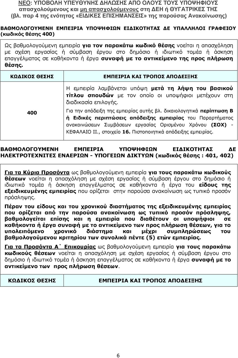 ΚΩΔΙΚΟΣ ΘΕΣΗΣ 400 ΕΜΠΕΙΡΙΑ ΚΑΙ ΤΡΟΠΟΣ ΑΠΟΔΕΙΞΗΣ Η εμπειρία λαμβάνεται υπόψη μετά τη λήψη του βασικού τίτλου σπουδών με τον οποίο οι υποψήφιοι μετέχουν στη διαδικασία επιλογής.