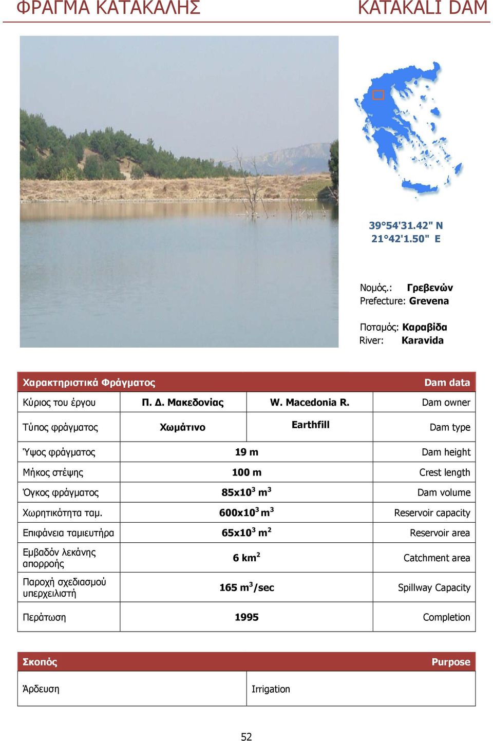 Dam owner πο φ γµα ο Χ µάτινο Earthfill Dam type Ύ ο φ γµα ο 19 m Dam height ο η 100 m Crest length Όγ ο φ γµα ο 85x10