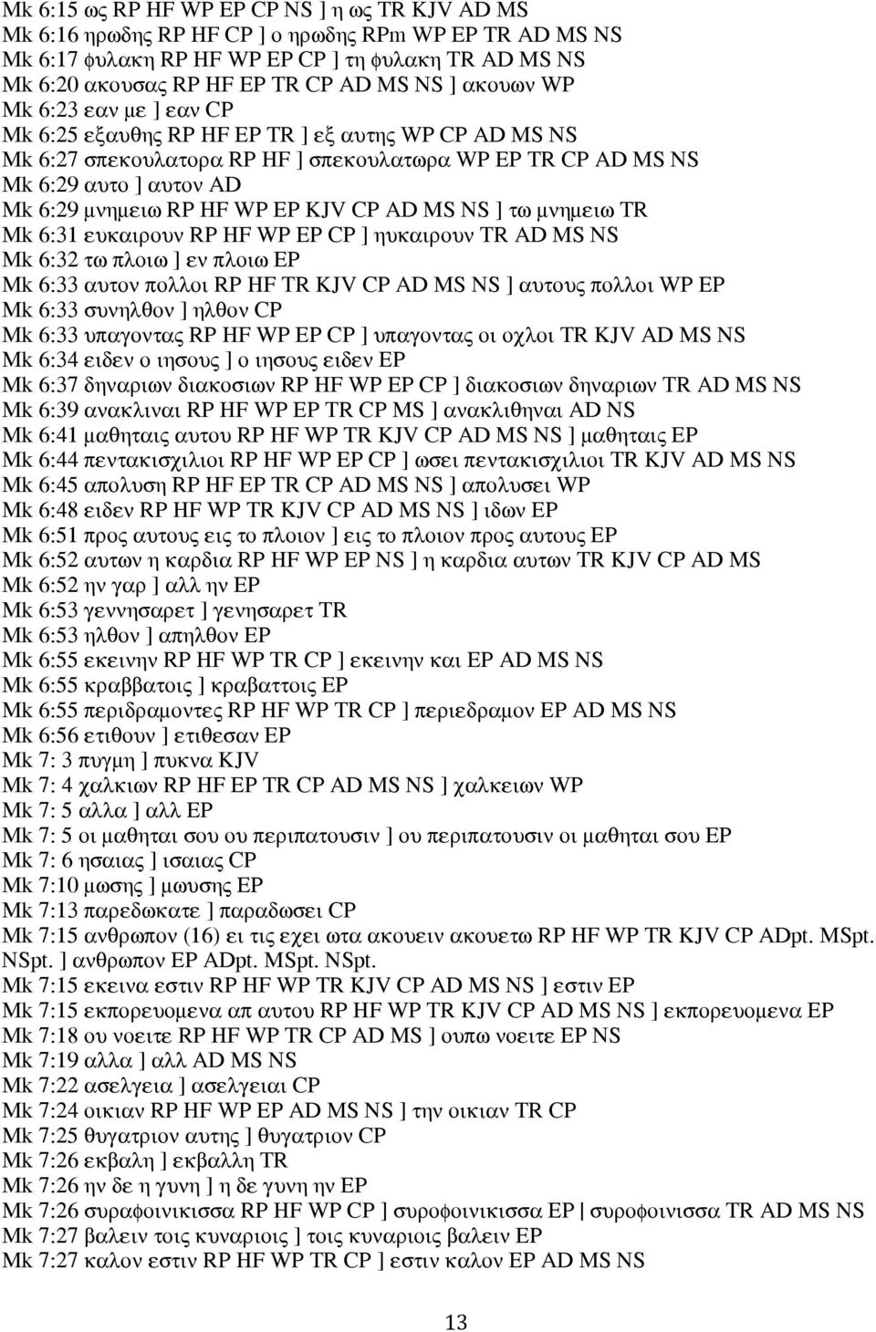 WP EP KJV CP AD MS NS ] τω μνημειω TR Mk 6:31 ευκαιρουν RP HF WP EP CP ] ηυκαιρουν TR AD MS NS Mk 6:32 τω πλοιω ] εν πλοιω EP Mk 6:33 αυτον πολλοι RP HF TR KJV CP AD MS NS ] αυτους πολλοι WP EP Mk