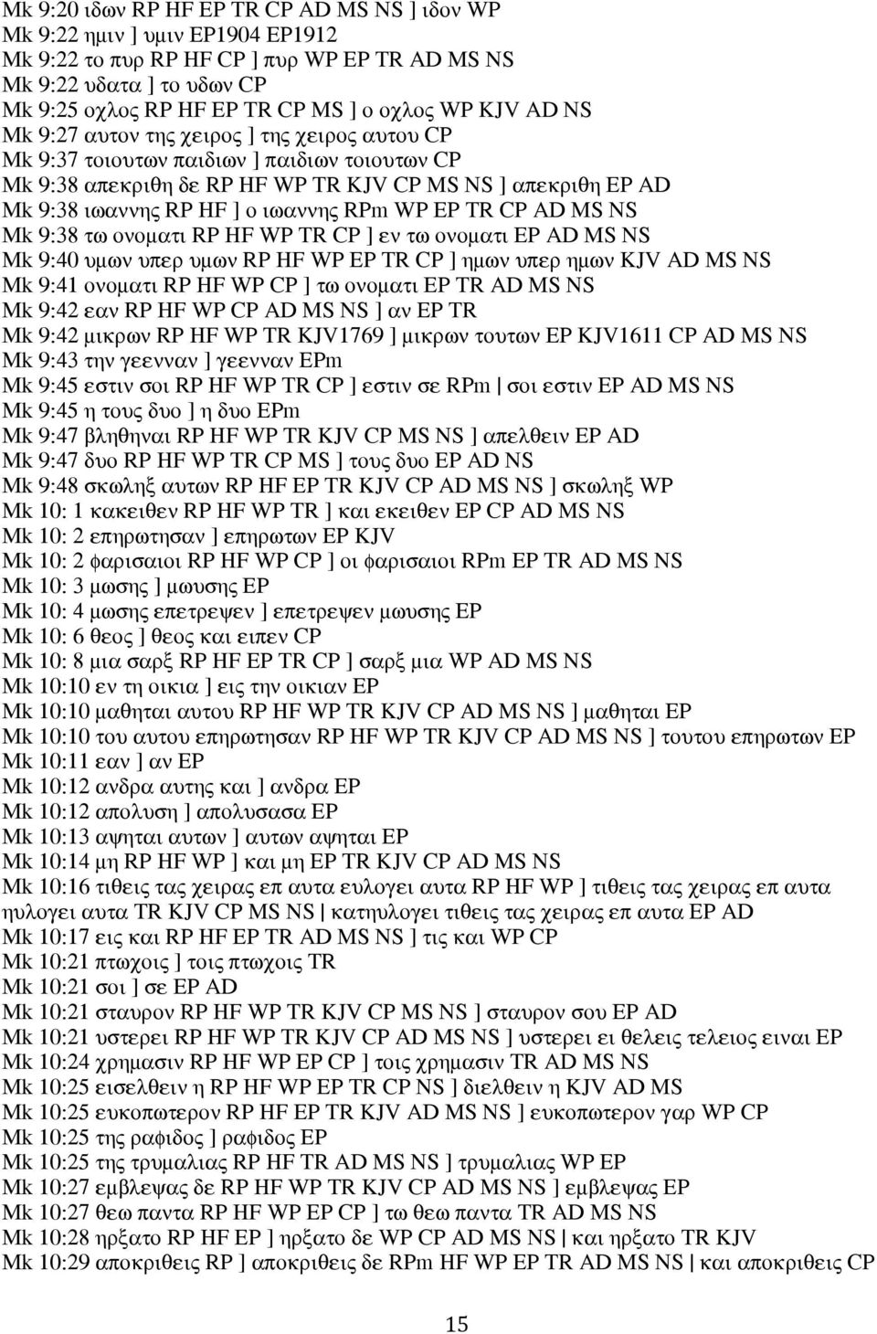 ιωαννης RPm WP EP TR CP AD MS NS Mk 9:38 τω ονοματι RP HF WP TR CP ] εν τω ονοματι EP AD MS NS Mk 9:40 υμων υπερ υμων RP HF WP EP TR CP ] ημων υπερ ημων KJV AD MS NS Mk 9:41 ονοματι RP HF WP CP ] τω