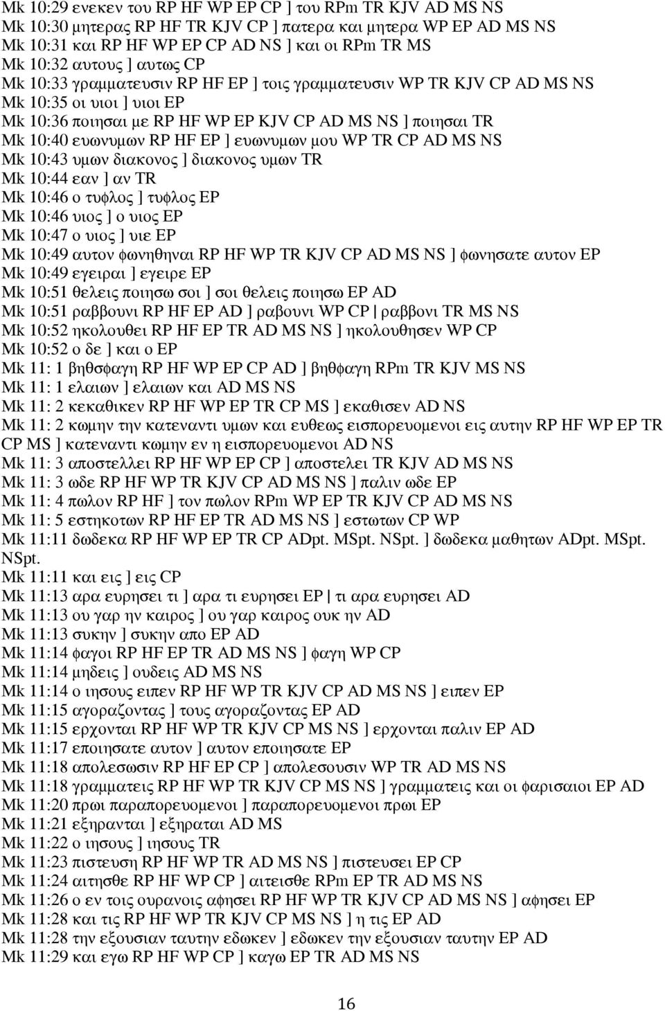 ευωνυμων μου WP TR CP AD MS NS Mk 10:43 υμων διακονος ] διακονος υμων TR Mk 10:44 εαν ] αν TR Mk 10:46 ο τυφλος ] τυφλος EP Mk 10:46 υιος ] ο υιος EP Mk 10:47 ο υιος ] υιε EP Mk 10:49 αυτον φωνηθηναι