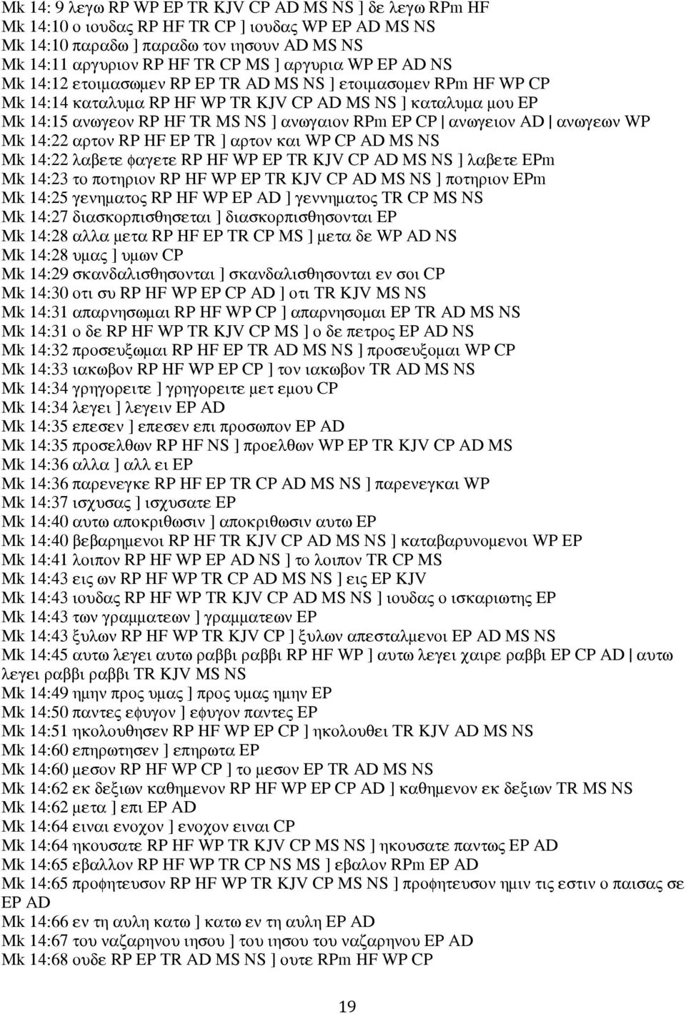 CP ανωγειον AD ανωγεων WP Mk 14:22 αρτον RP HF EP TR ] αρτον και WP CP AD MS NS Mk 14:22 λαβετε φαγετε RP HF WP EP TR KJV CP AD MS NS ] λαβετε EPm Mk 14:23 το ποτηριον RP HF WP EP TR KJV CP AD MS NS