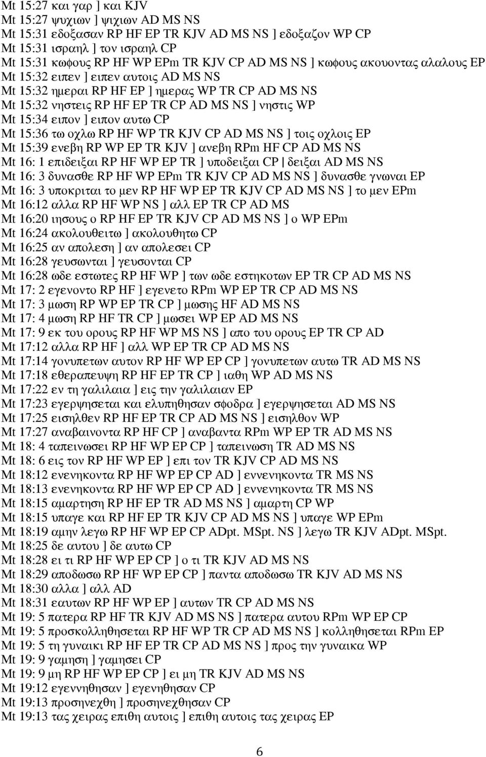 αυτω CP Mt 15:36 τω οχλω RP HF WP TR KJV CP AD MS NS ] τοις οχλοις EP Mt 15:39 ενεβη RP WP EP TR KJV ] ανεβη RPm HF CP AD MS NS Mt 16: 1 επιδειξαι RP HF WP EP TR ] υποδειξαι CP δειξαι AD MS NS Mt 16: