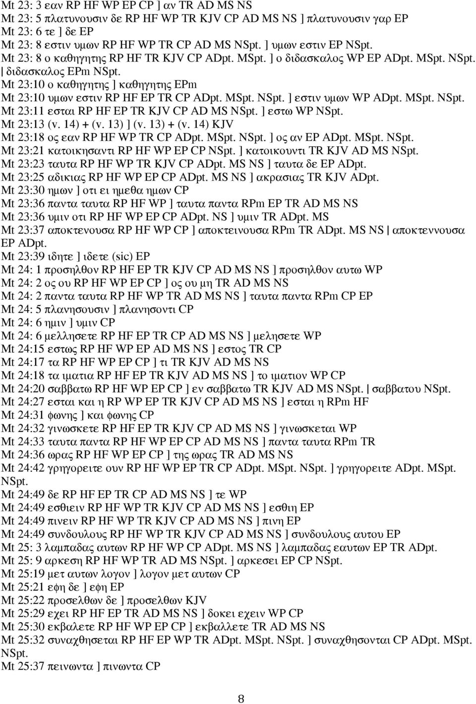 Mt 23:10 ο καθηγητης ] καθηγητης EPm Mt 23:10 υμων εστιν RP HF EP TR CP ADpt. MSpt. NSpt. ] εστιν υμων WP ADpt. MSpt. NSpt. Mt 23:11 εσται RP HF EP TR KJV CP AD MS NSpt. ] εστω WP NSpt. Mt 23:13 (v.