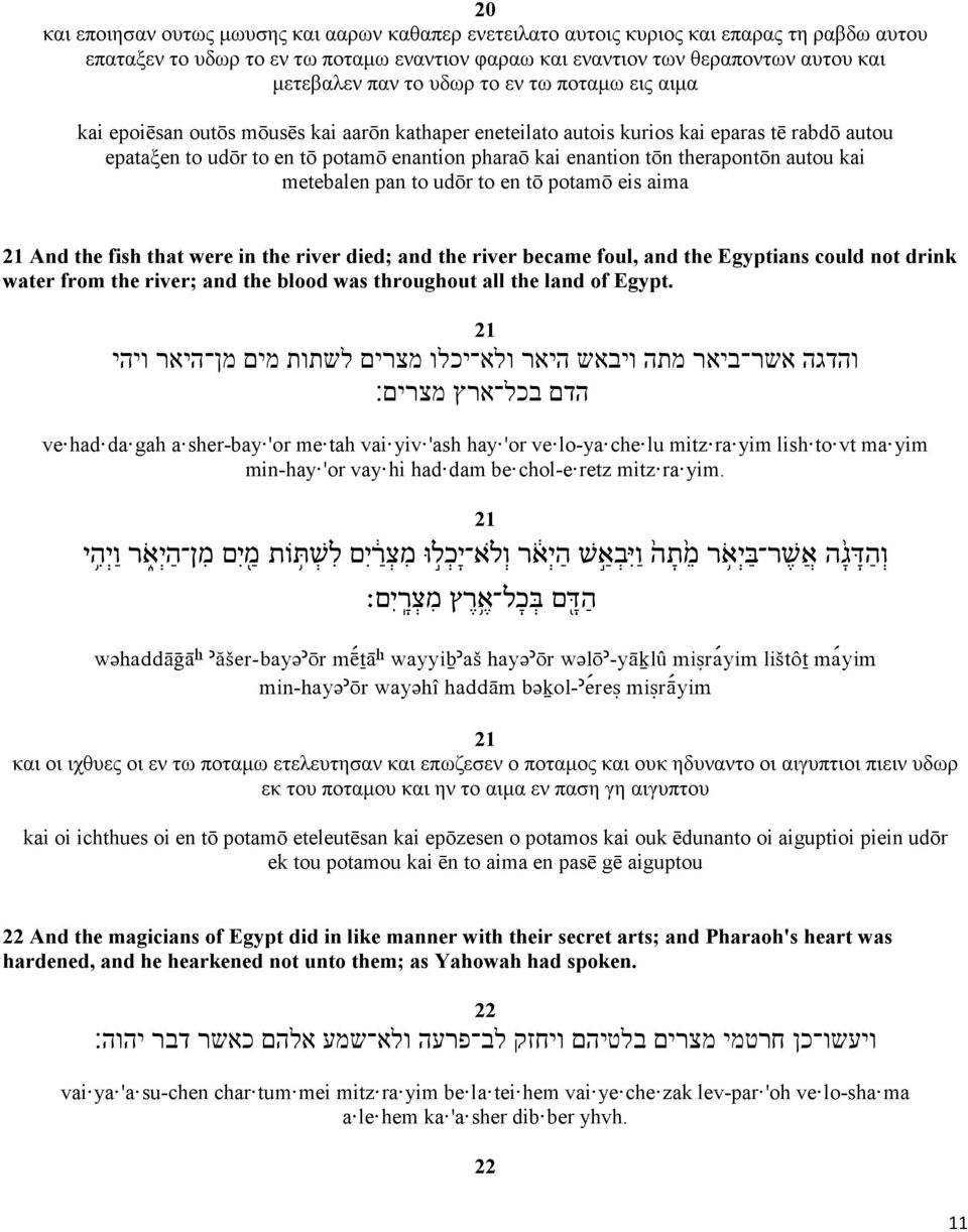 therapontōn autou kai metebalen pan to udōr to en tō potamō eis aima 21 And the fish that were in the river died; and the river became foul, and the Egyptians could not drink water from the river;