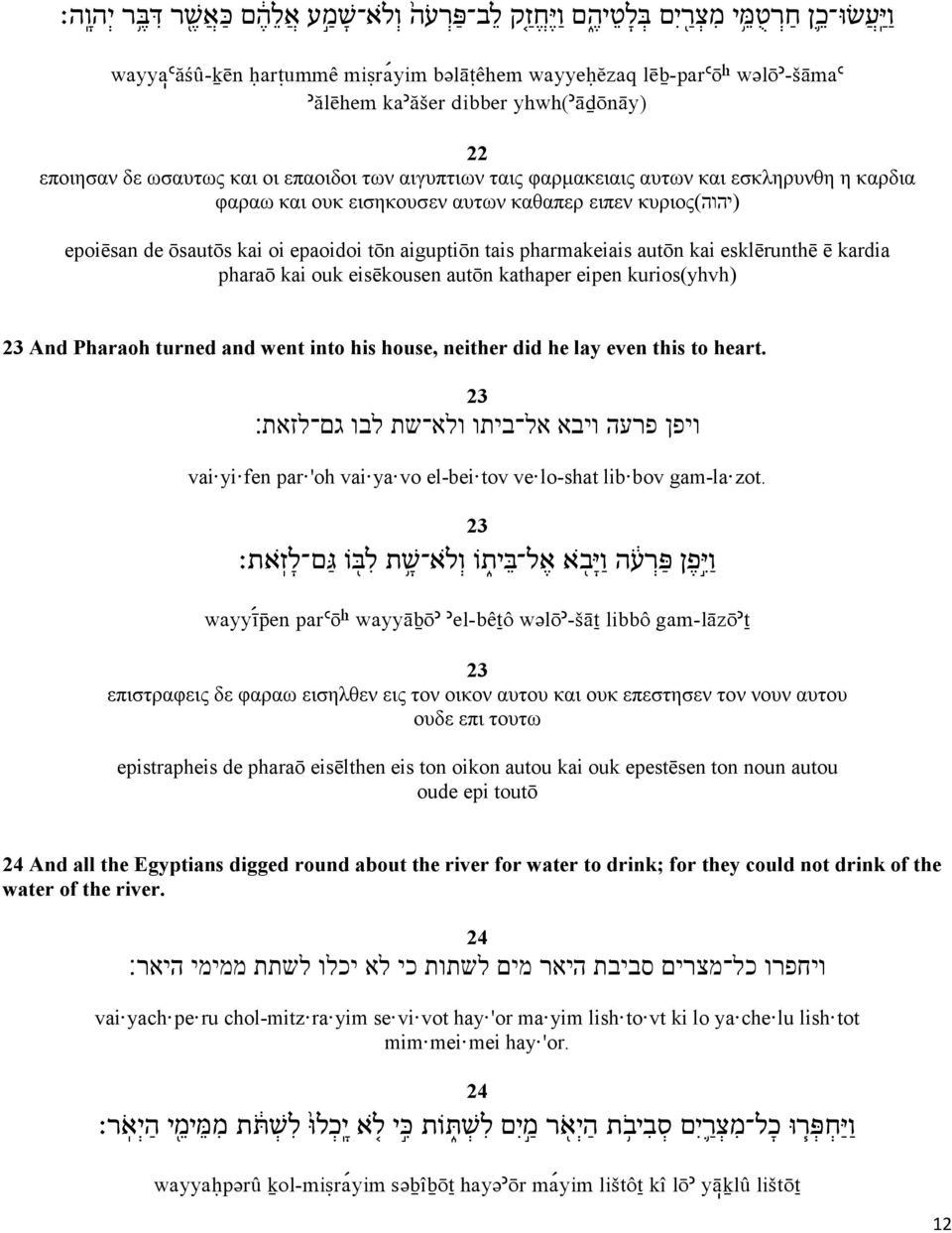 kai oi epaoidoi tōn aiguptiōn tais pharmakeiais autōn kai esklērunthē ē kardia pharaō kai ouk eisēkousen autōn kathaper eipen kurios(yhvh) 23 And Pharaoh turned and went into his house, neither did