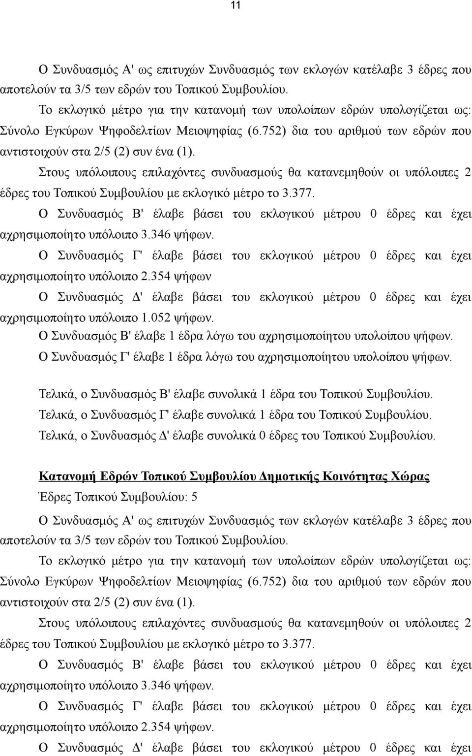 Στους υπόλοιπους επιλαχόντες συνδυασμούς θα κατανεμηθούν οι υπόλοιπες 2 έδρες του Τοπικού Συμβουλίου με εκλογικό μέτρο το 3.377.