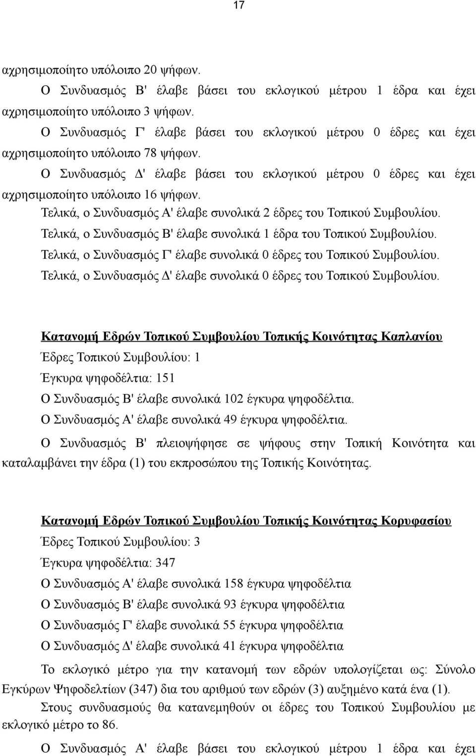 Τελικά, ο Συνδυασμός Α' έλαβε συνολικά 2 έδρες του Τοπικού Συμβουλίου. Τελικά, ο Συνδυασμός Β' έλαβε συνολικά 1 έδρα του Τοπικού Συμβουλίου.