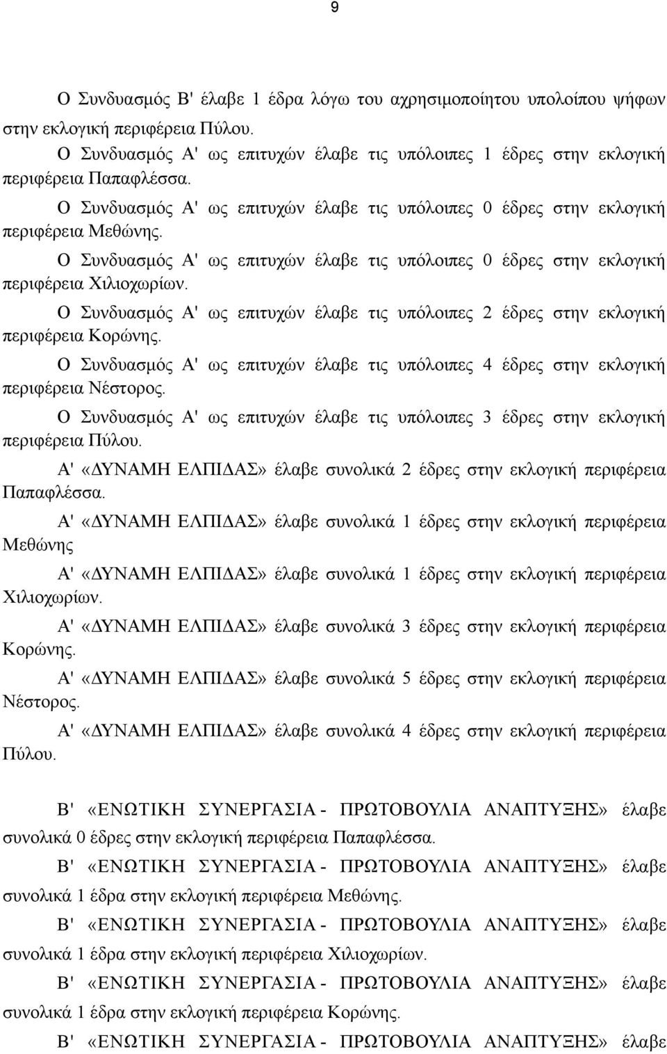 Ο Συνδυασμός Α' ως επιτυχών έλαβε τις υπόλοιπες 2 έδρες στην εκλογική περιφέρεια Κορώνης. Ο Συνδυασμός Α' ως επιτυχών έλαβε τις υπόλοιπες 4 έδρες στην εκλογική περιφέρεια Νέστορος.