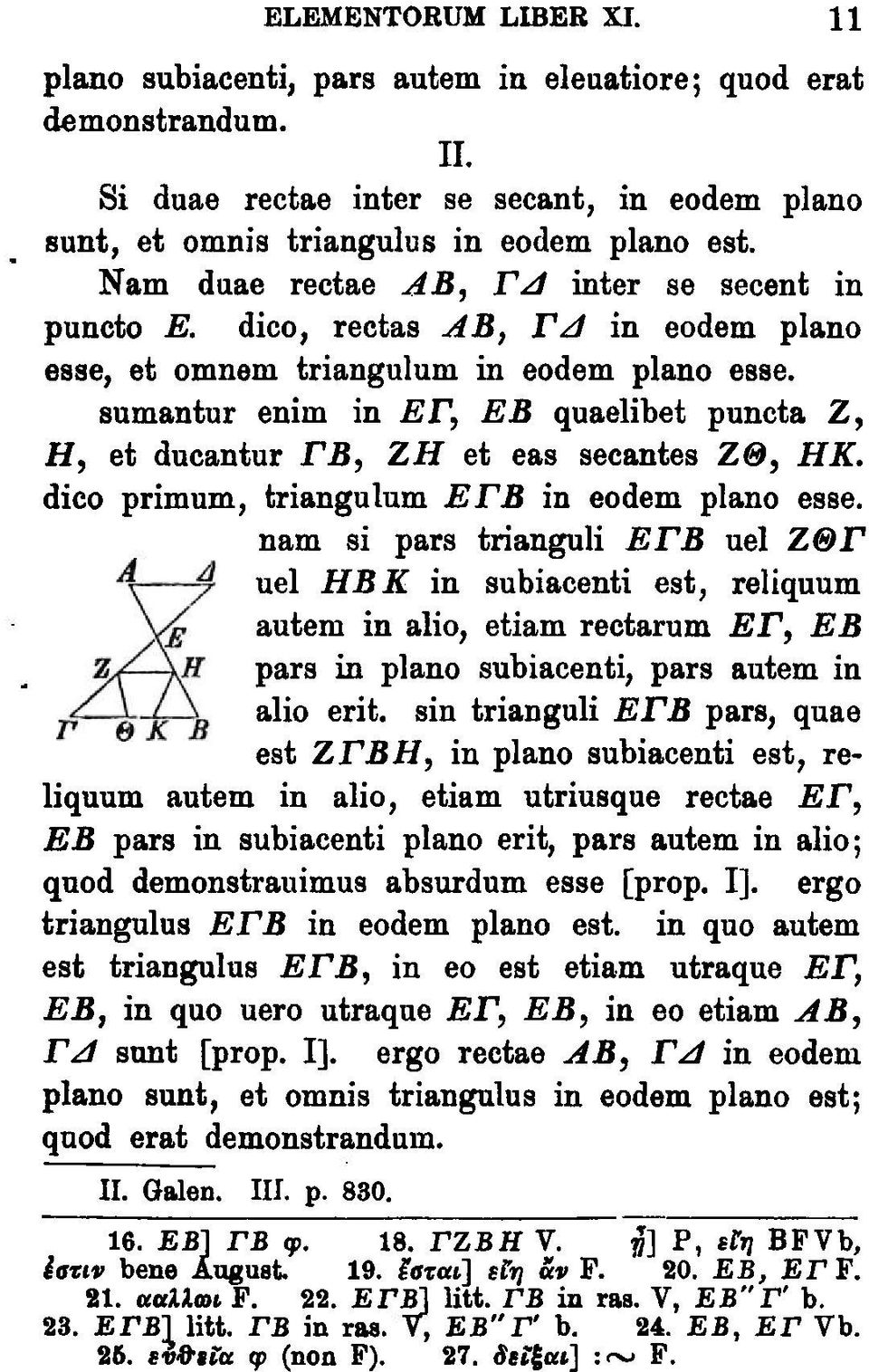 sumantur eniin in ΕΓ, Ε Β quaelibet puncta Z, H, et ducantur ΓΒ, Ζ Η et eas secantes ΖΘ, HK. dico primum, triangulum ΕΓΒ in eodem plano esse.