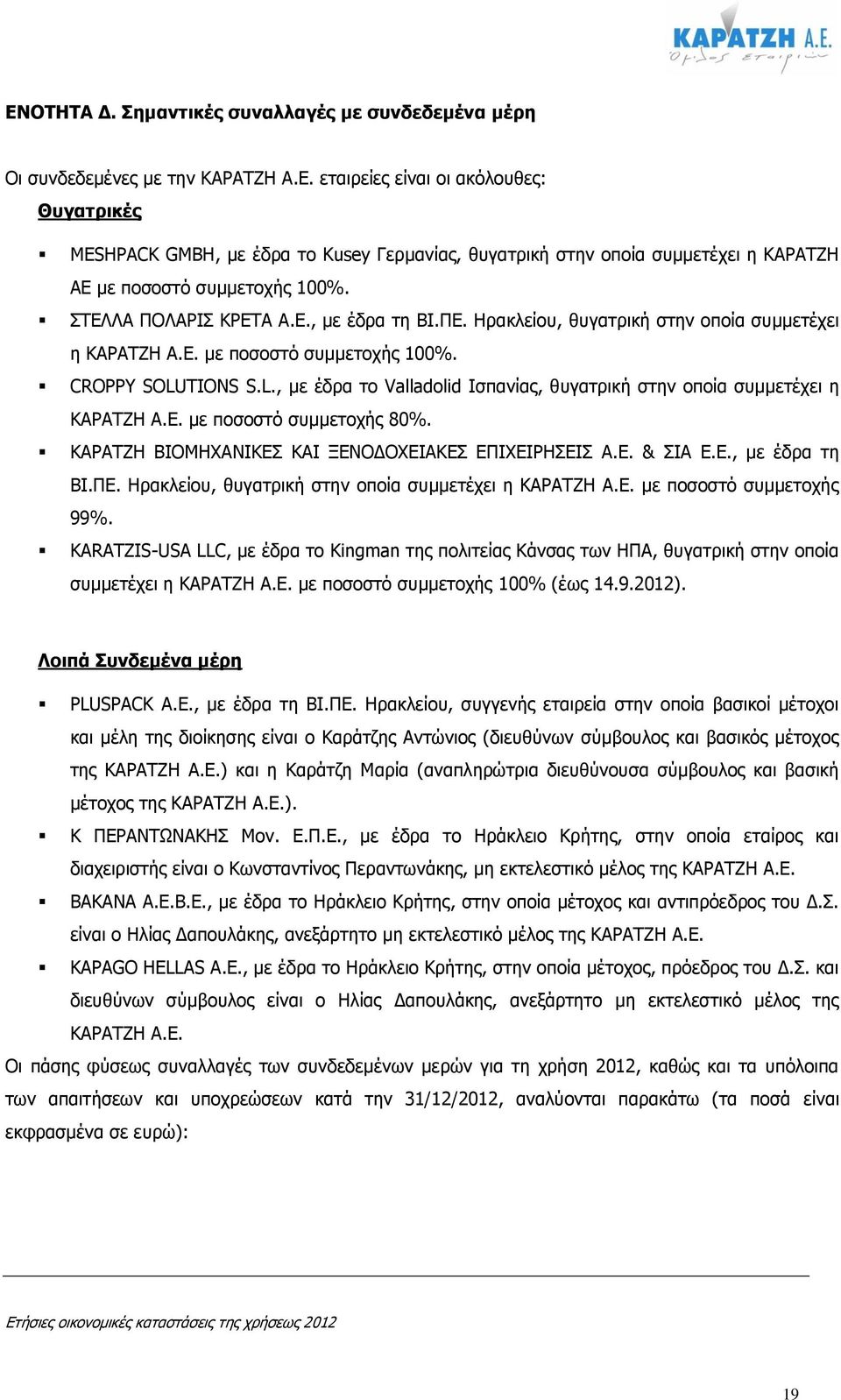 TIONS S.L., με έδρα το Valladolid Ισπανίας, θυγατρική στην οποία συμμετέχει η ΚΑΡΑΤΖΗ Α.Ε. με ποσοστό συμμετοχής 80%. ΚΑΡΑΤΖΗ ΒΙΟΜΗΧΑΝΙΚΕΣ ΚΑΙ ΞΕΝΟΔΟΧΕΙΑΚΕΣ ΕΠΙΧΕΙΡΗΣΕΙΣ Α.Ε. & ΣΙΑ Ε.Ε., με έδρα τη ΒΙ.