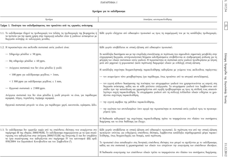 1. Το υαλόθραυσμα πληροί τις προδιαγραφές του πελάτη, τις προδιαγραφές της βιομηχανίας ή τα πρότυπα για την άμεση χρήση στην παραγωγή υαλωδών υλών ή γυάλινων αντικειμένων με διεργασία ανάτηξης σε