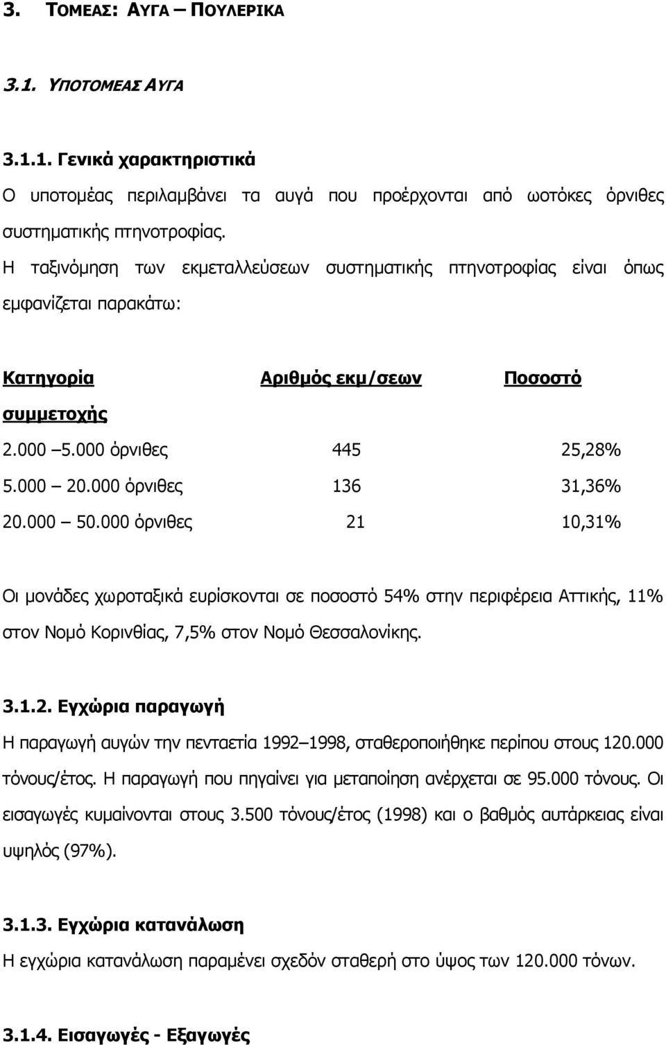 000 όρνιθες 136 31,36% 20.000 50.000 όρνιθες 21 10,31% Οι µονάδες χωροταξικά ευρίσκονται σε ποσοστό 54% στην περιφέρεια Αττικής, 11% στον Νοµό Κορινθίας, 7,5% στον Νοµό Θεσσαλονίκης. 3.1.2. Εγχώρια παραγωγή Η παραγωγή αυγών την πενταετία 1992 1998, σταθεροποιήθηκε περίπου στους 120.