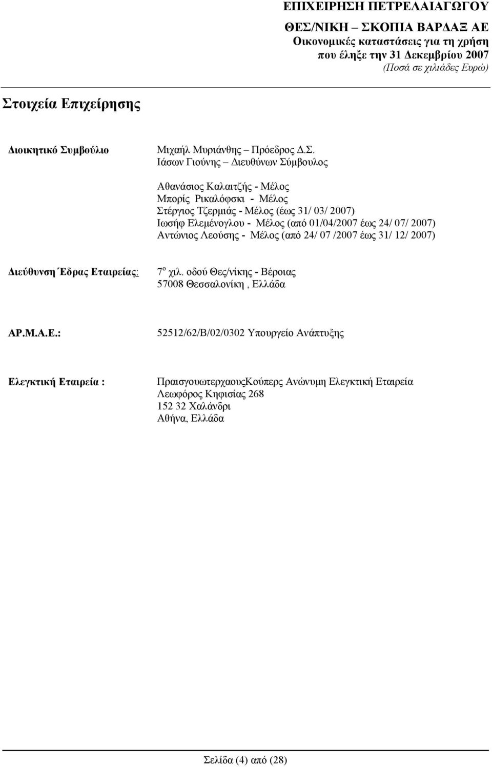 Μέλος (από 24/ 07 /2007 έως 31/ 12/ 2007) Διεύθυνση Έδρας Ετ