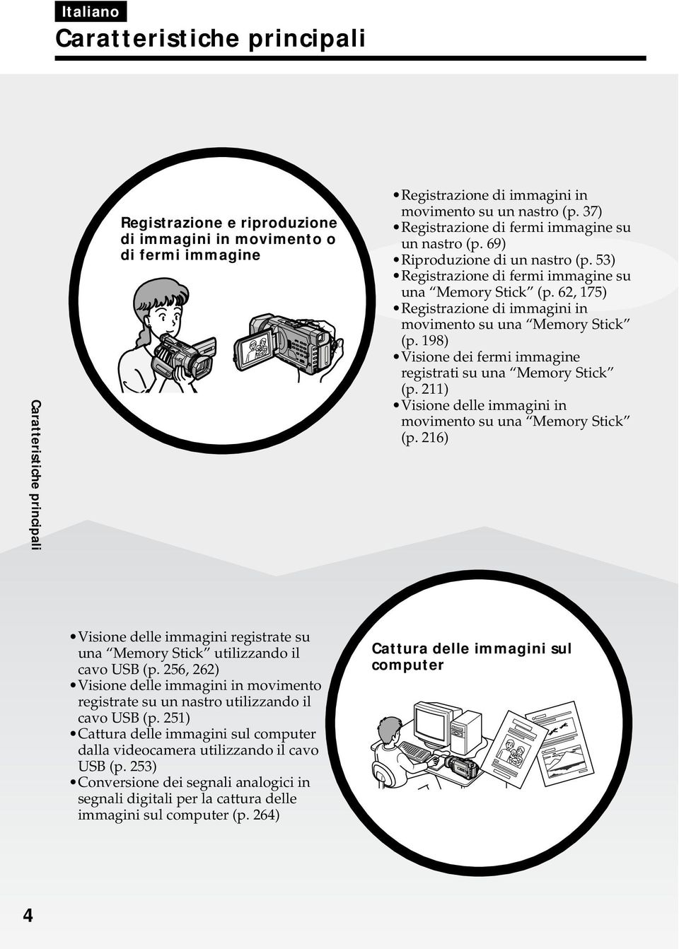 62, 175) Registrazione di immagini in movimento su una Memory Stick (p. 198) Visione dei fermi immagine registrati su una Memory Stick (p.