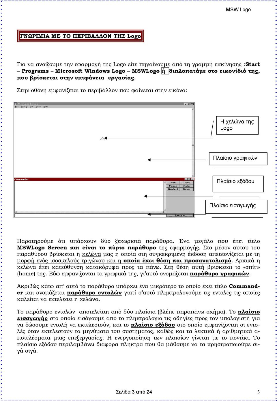 Στην οθόνη εμφανίζεται το περιβάλλον που φαίνεται στην εικόνα: Η χελώνα της Logo Πλαίσιο γραφικών Πλαίσιο εξόδου Πλαίσιο εισαγωγής Παρατηρούμε ότι υπάρχουν δύο ξεχωριστά παράθυρα.