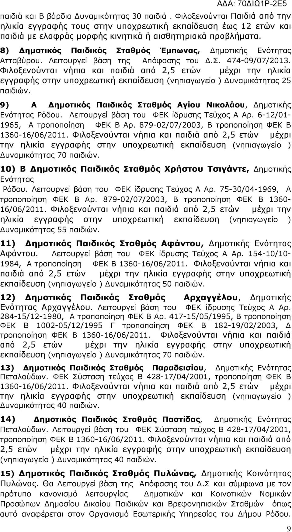 Φιλοξενούνται νήπια και παιδιά από 2,5 ετών µέχρι την ηλικία εγγραφής στην υποχρεωτική εκπαίδευση (νηπιαγωγείο ) υναµικότητας 25 9) Α ηµοτικός Παιδικός Σταθµός Αγίου Νικολάου, ηµοτικής Ενότητας Ρόδου.