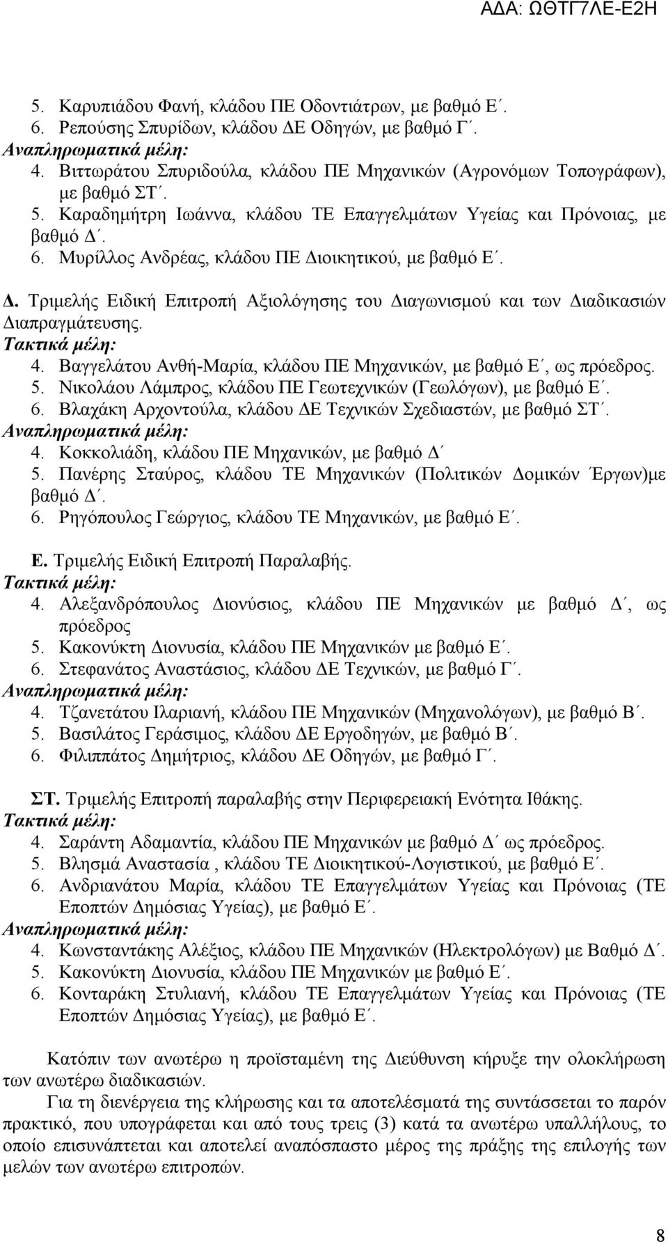 4. Βαγγελάτου Ανθή-Μαρία, κλάδου ΠΕ Μηχανικών, με βαθμό Ε, ως πρόεδρος. 5. Νικολάου Λάμπρος, κλάδου ΠΕ Γεωτεχνικών (Γεωλόγων), με βαθμό Ε. 6.