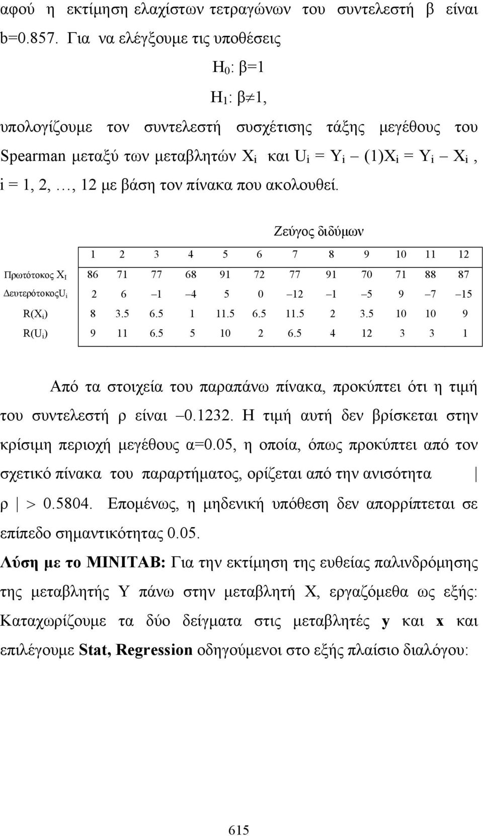 ακολουθεί. Ζεύγος διδύμων 1 2 3 4 5 6 7 8 9 10 11 12 Πρωτότοκος Χ I 86 71 77 68 91 72 77 91 70 71 88 87 ΔευτερότοκοςU 2 6 1 4 5 0 12 1 5 9 7 15 R(X ) 8 3.5 6.5 1 11.5 6.5 11.5 2 3.