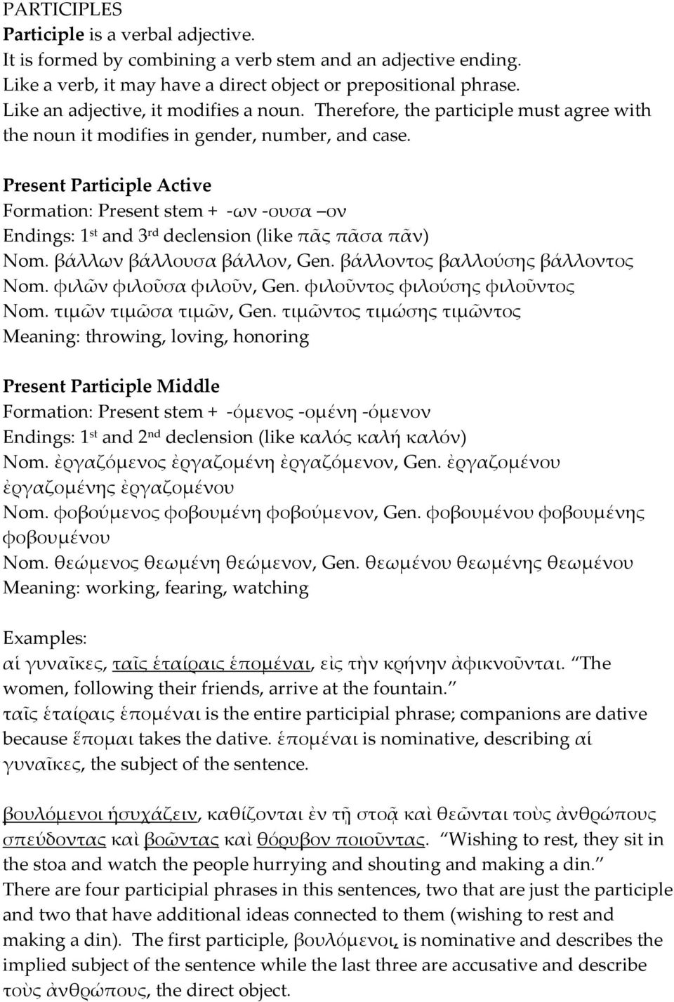 Present Participle Active Formation: Present stem + -ων -ουσα ον Endings: 1 st and 3 rd declension (like πᾶς πᾶσα πᾶν) Nom. βάλλων βάλλουσα βάλλον, Gen. βάλλοντος βαλλούσης βάλλοντος Nom.