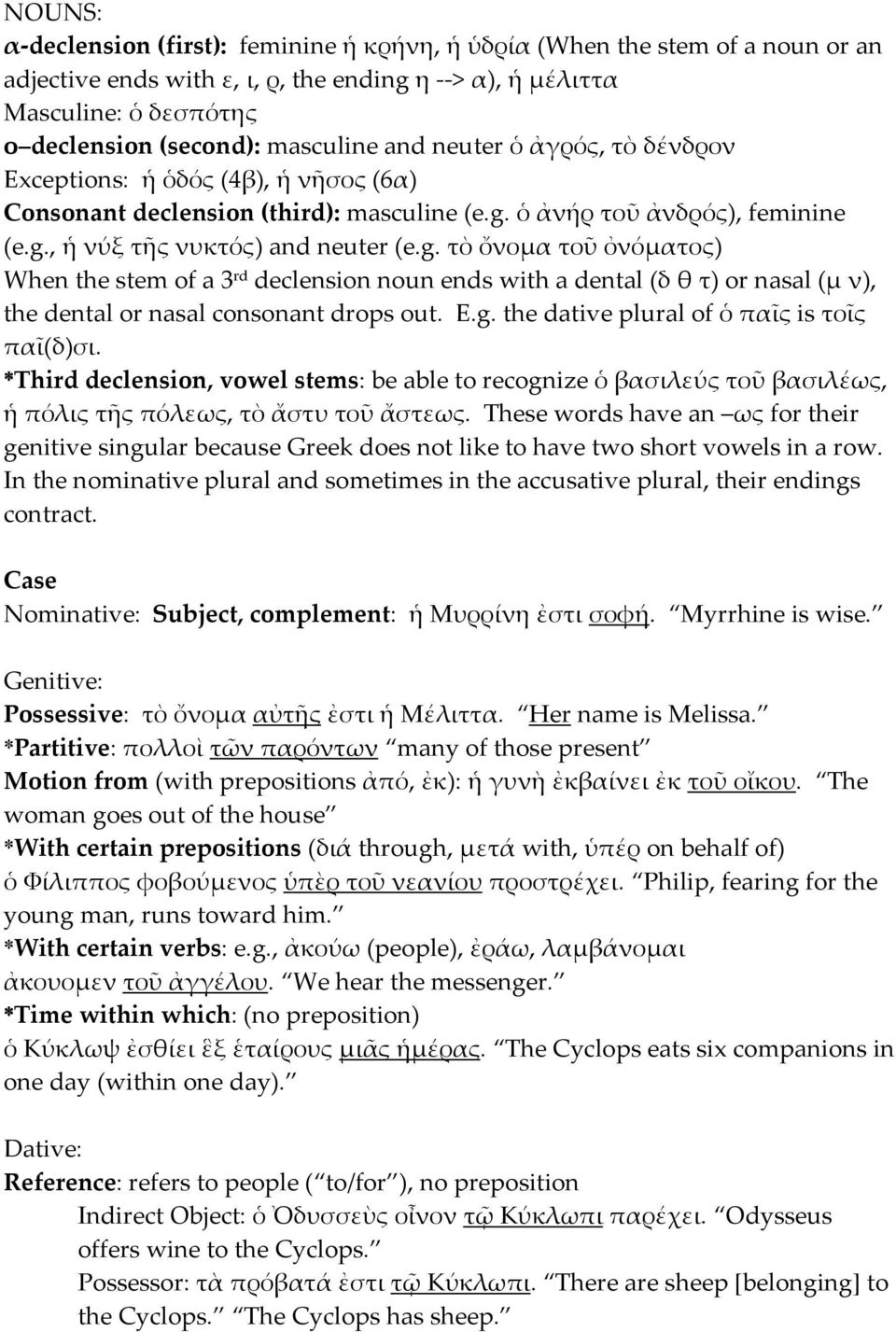 ὁ ἀνήρ τοῦ ἀνδρός), feminine (e.g., ἡ νύξ τῆς νυκτός) and neuter (e.g. τὸ ὄνοµα τοῦ ὀνόµατος) When the stem of a 3 rd declension noun ends with a dental (δ θ τ) or nasal (µ ν), the dental or nasal consonant drops out.