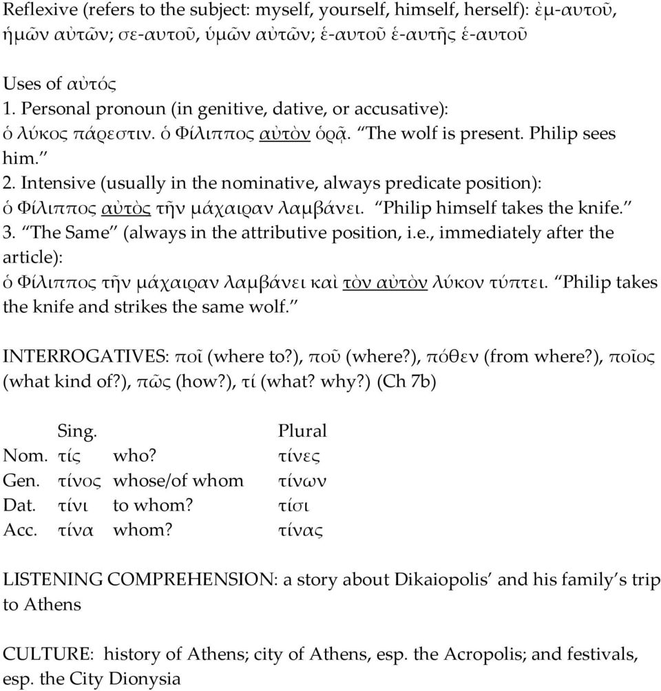 Intensive (usually in the nominative, always predicate position): ὁ Φίλιππος αὐτὸς τῆν µάχαιραν λαµβάνει. Philip himself takes the knife. 3. The Same (always in the attributive position, i.e., immediately after the article): ὁ Φίλιππος τῆν µάχαιραν λαµβάνει καὶ τὸν αὐτὸν λύκον τύπτει.