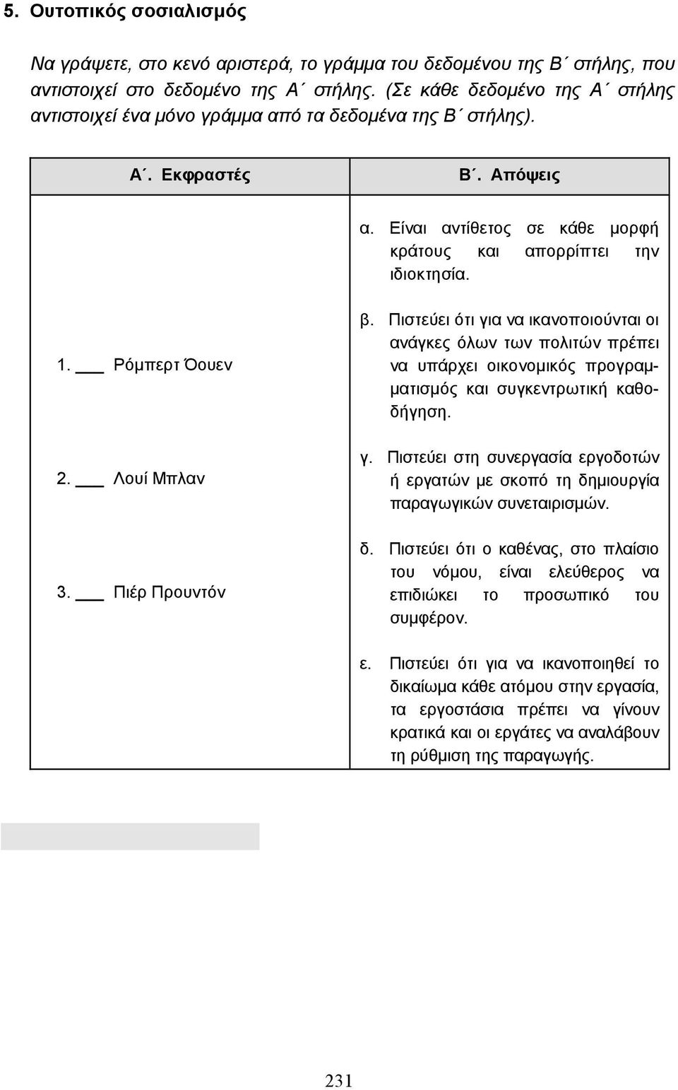 _ Ρόµπερτ Όουεν 2. _ Λουί Μπλαν 3. _ Πιέρ Προυντόν β. Πιστεύει ότι για να ικανοποιούνται οι ανάγκες όλων των πολιτών πρέπει να υπάρχει οικονοµικός προγραµ- µατισµός και συγκεντρωτική καθοδήγηση. γ. Πιστεύει στη συνεργασία εργοδοτών ή εργατών µε σκοπό τη δηµιουργία παραγωγικών συνεταιρισµών.