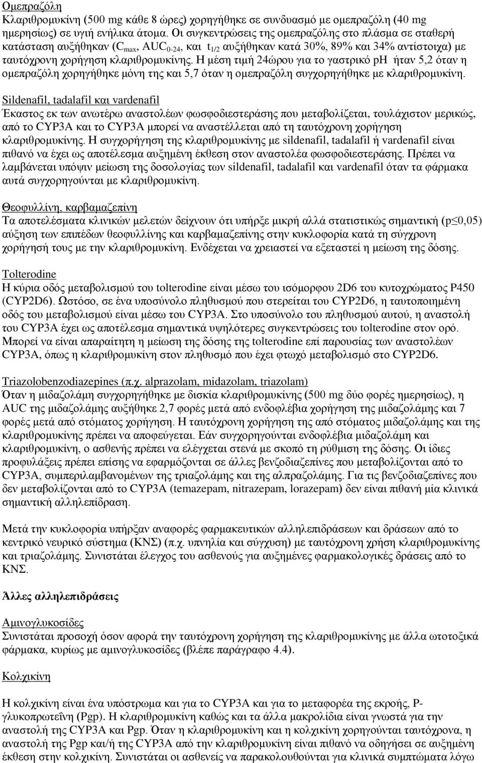 Η μέση τιμή 24ώρου για το γαστρικό ph ήταν 5,2 όταν η ομεπραζόλη χορηγήθηκε μόνη της και 5,7 όταν η ομεπραζόλη συγχορηγήθηκε με κλαριθρομυκίνη.