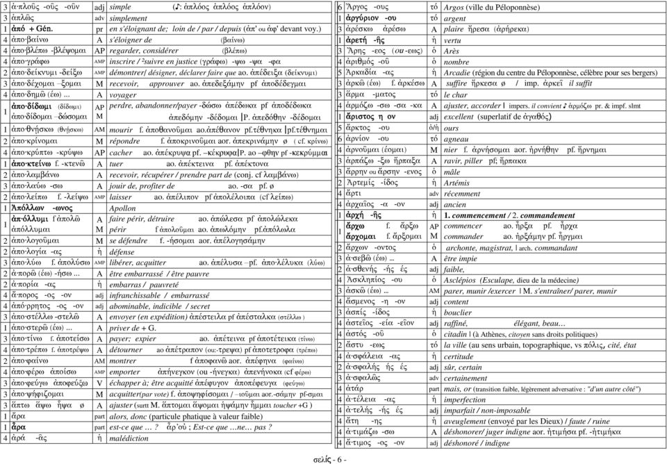 déclarer faire que ao. ἀπέδειξα (δείκνυµι) 3 ἀπο δέχοµαι ξοµαι recevoir, approuver ao. ἀπεδεξάµην pf ἀποδέδεγµαι 4 ἀπο δηµῶ (έω).