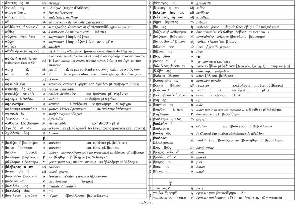 2 αὖθις adv à nouveau / d'un autre côté (cf αὖ ) 4 αὐξάνω -ήσω -ήσα augmenter [ impf. ηὔξηκα ] 4 αὔξω augmenter [ imp. ηὖξον ] f. ø ao.