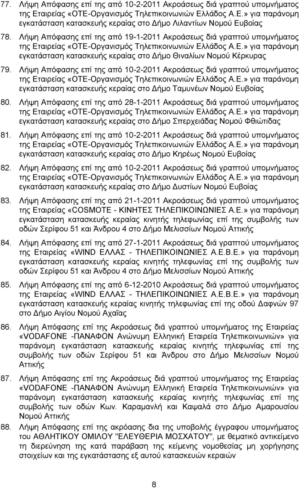 Λήςε Απόθαζεο επί ηεο από 10-2-2011 Αθξνάζεσο δηά γξαπηνύ ππνκλήκαηνο εγθαηάζηαζε θαηαζθεπήο θεξαίαο ζην Γήκν Σακπλέσλ Ννκνύ Δπβνίαο 80.