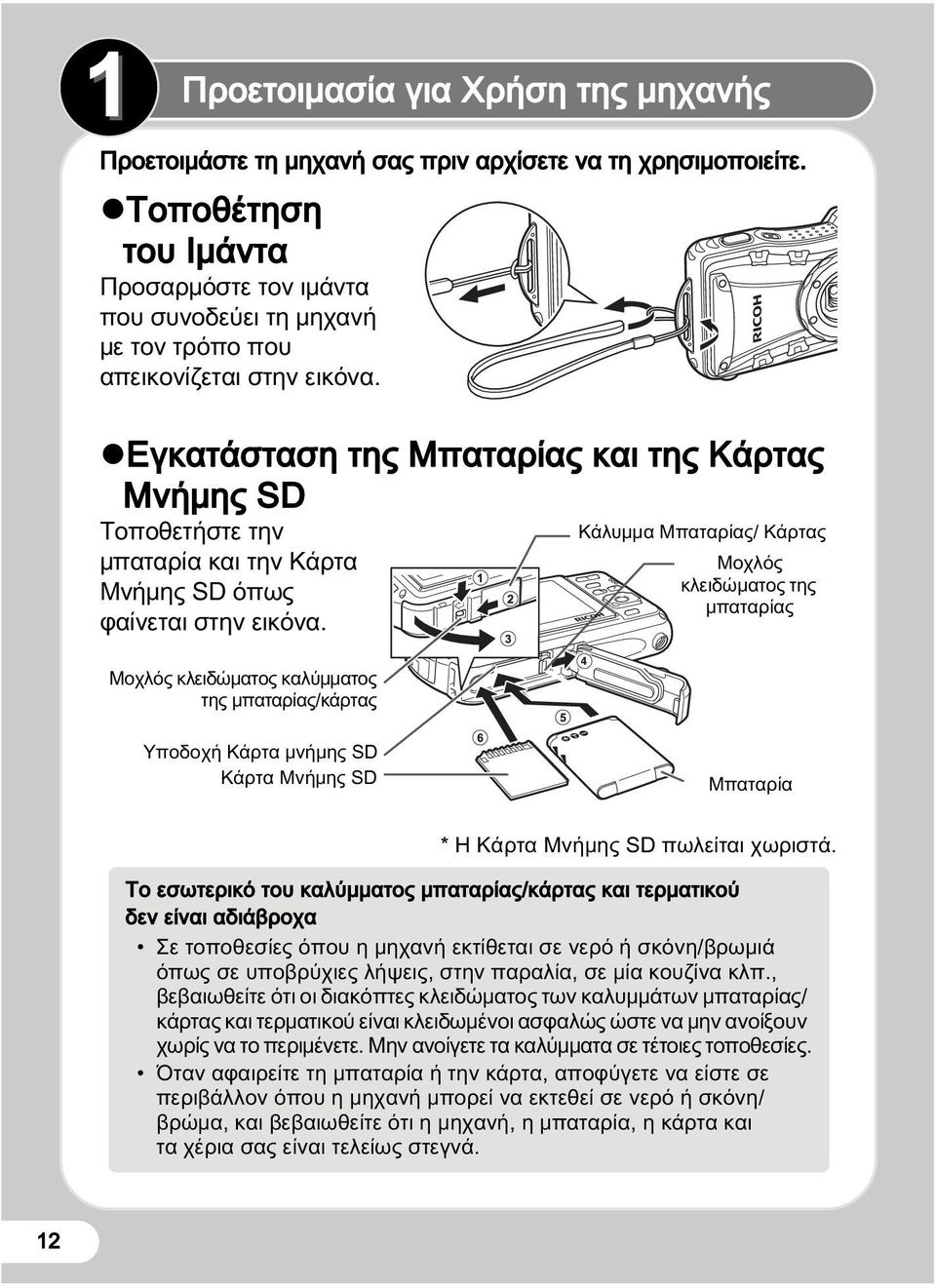 Εγκατάσταση της Μπαταρίας και της Κάρτας Μνήμης SD Τοποθετήστε την Κάλυμμα Μπαταρίας/ Κάρτας μπαταρία και την Κάρτα Μοχλός Μνήμης SD όπως κλειδώματος της μπαταρίας φαίνεται στην εικόνα.