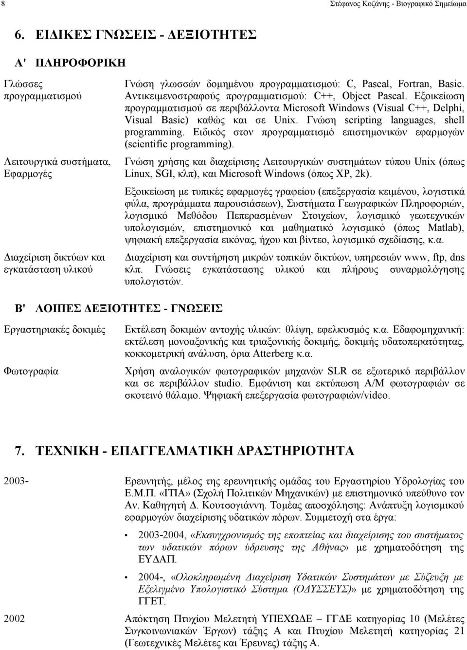 Fortran, Basic. Αντικειμενοστραφούς προγραμματισμού: C++, Object Pascal. Εξοικείωση προγραμματισμού σε περιβάλλοντα Microsoft Windows (Visual C++, Delphi, Visual Basic) καθώς και σε Unix.