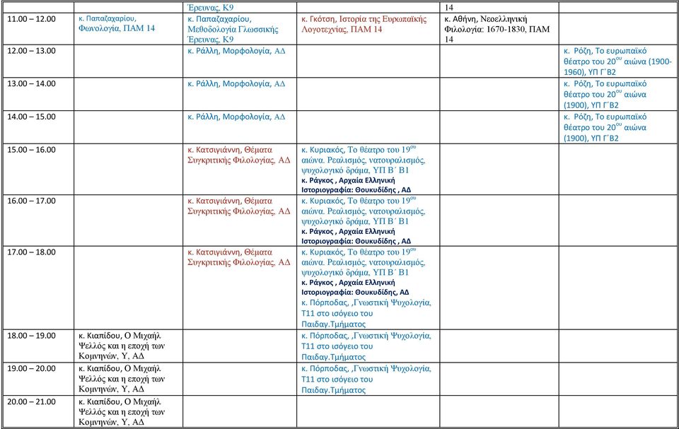 00 16.00 κ. Κατσιγιάννη, Θέματα Συγκριτικής Φιλολογίας, 16.00 17.00 κ. Κατσιγιάννη, Θέματα Συγκριτικής Φιλολογίας, 17.00 18.00 κ. Κατσιγιάννη, Θέματα Συγκριτικής Φιλολογίας, 18.00 19.00 κ. Κιαπίδου, Ο Μιχαήλ Κομνηνών, Υ, 19.
