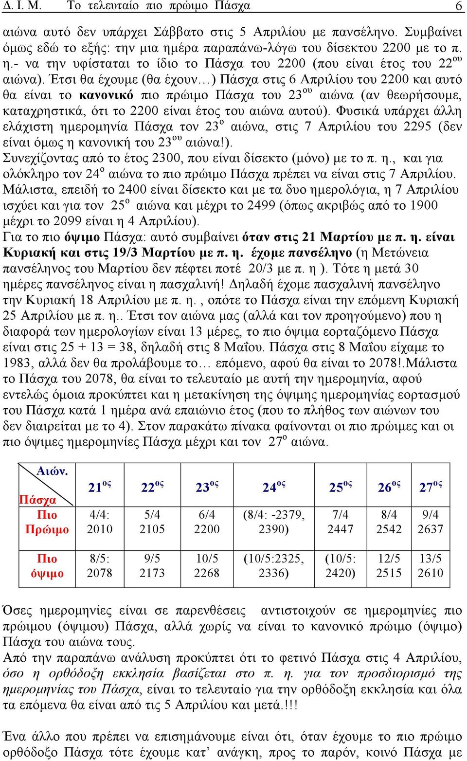 Έτσι θα έχουµε (θα έχουν ) Πάσχα στις 6 Απριλίου του 2200 και αυτό θα είναι το κανονικό πιο πρώιµο Πάσχα του 23 ου αιώνα (αν θεωρήσουµε, καταχρηστικά, ότι το 2200 είναι έτος του αιώνα αυτού).