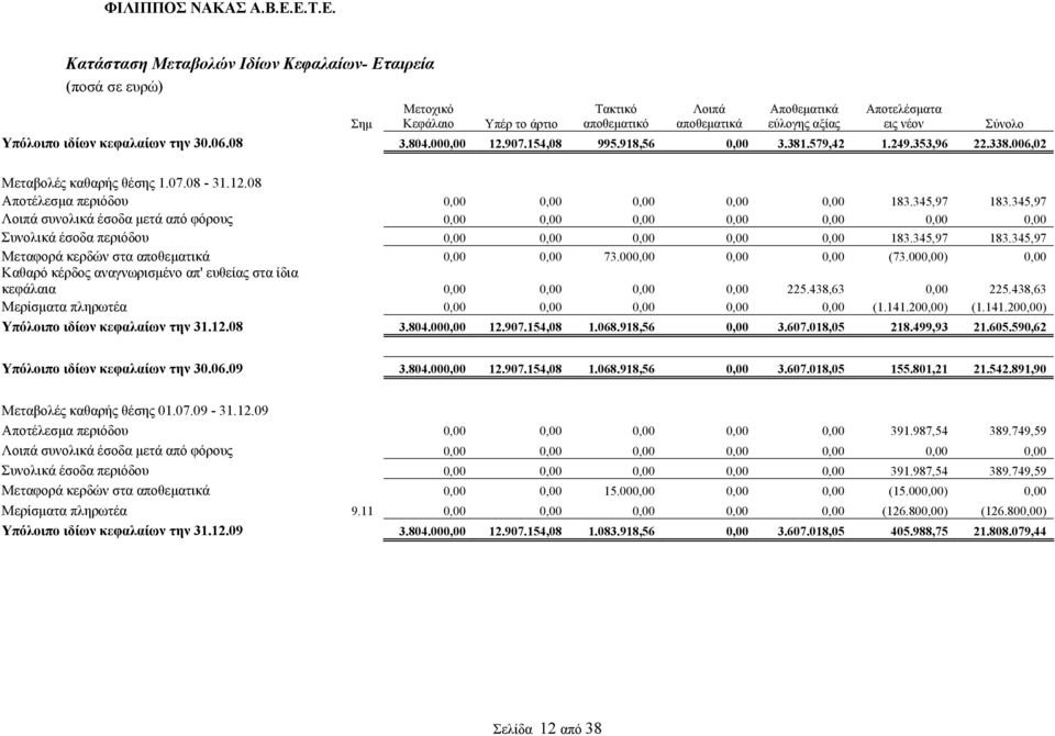 345,97 183.345,97 Λοιπά συνολικά έσοδα μετά από φόρους 0,00 0,00 0,00 0,00 0,00 0,00 0,00 Συνολικά έσοδα περιόδου 0,00 0,00 0,00 0,00 0,00 183.345,97 183.345,97 Μεταφορά κερδών στα αποθεματικά 0,00 0,00 73.