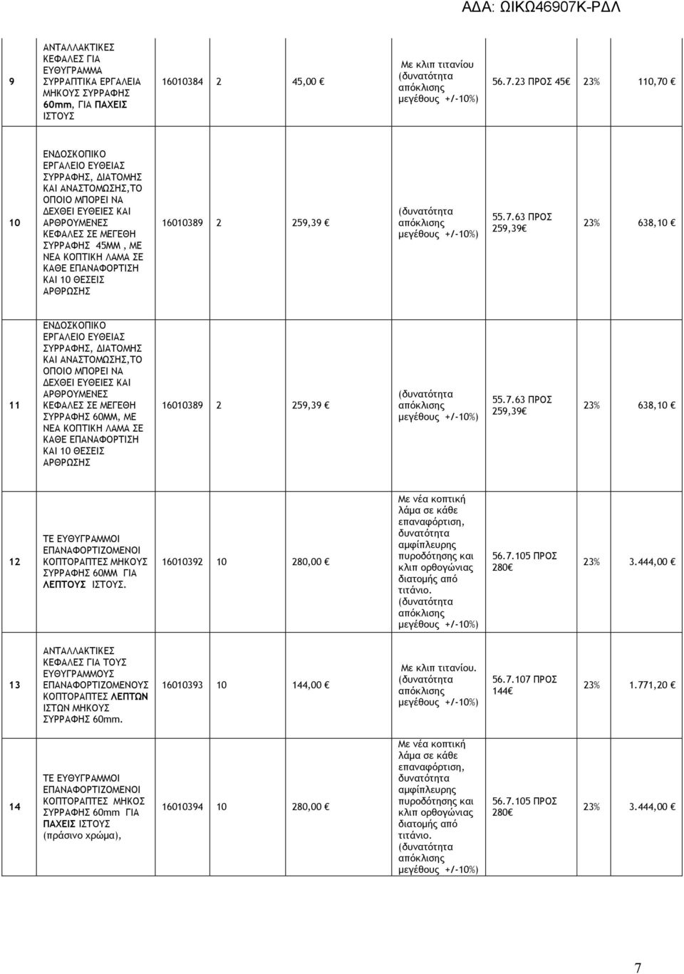 ΕΠΑΝΑΦΟΡΤΙΣΗ ΚΑΙ 10 ΘΕΣΕΙΣ ΑΡΘΡΩΣΗΣ 16010389 2 259,39 55.7.