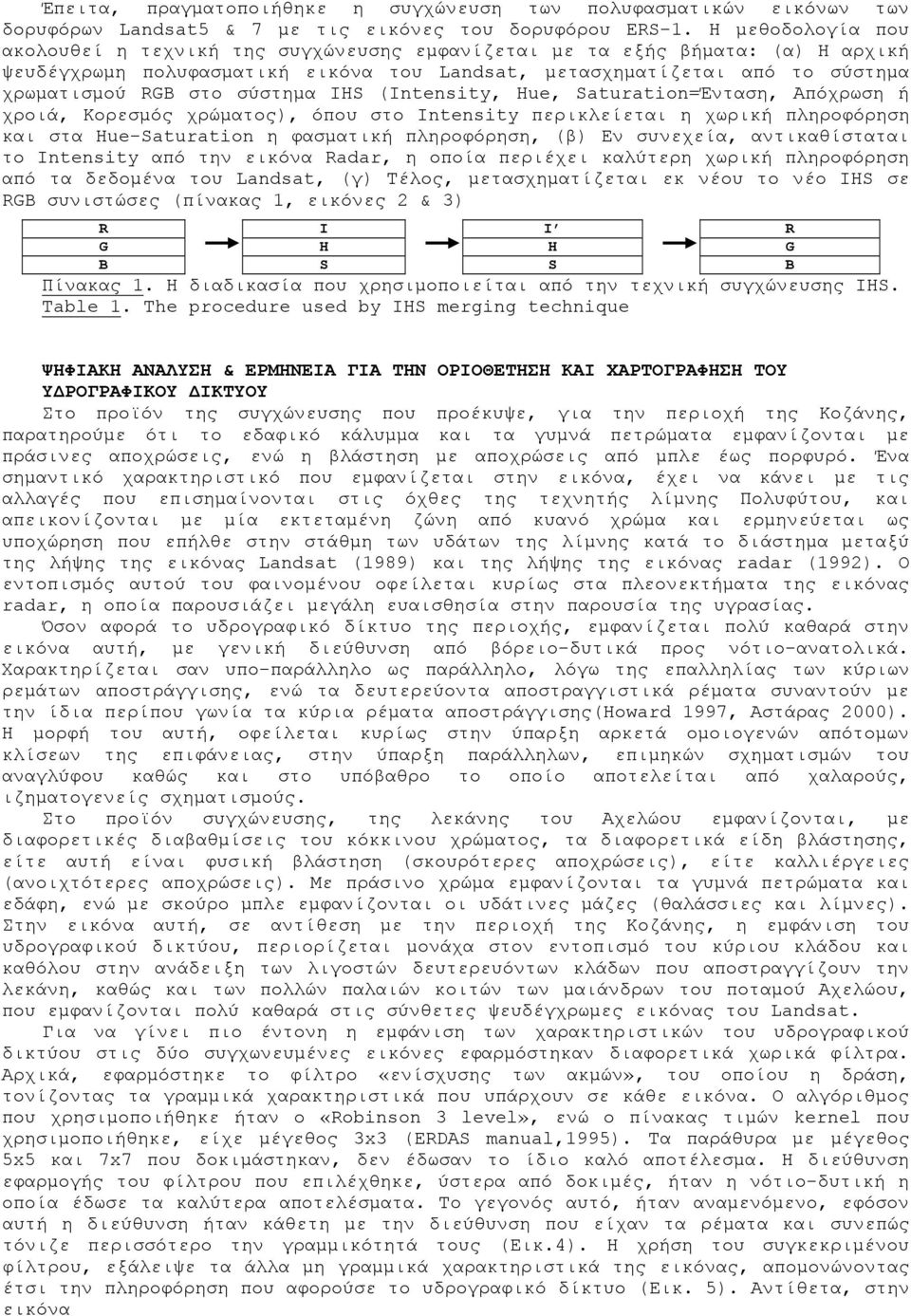 σύστημα IHS (Intensity, Hue, Saturation=Ένταση, Απόχρωση ή χροιά, Κορεσμός χρώματος), όπου στο Intensity περικλείεται η χωρική πληροφόρηση και στα Hue-Saturation η φασματική πληροφόρηση, (β) Εν