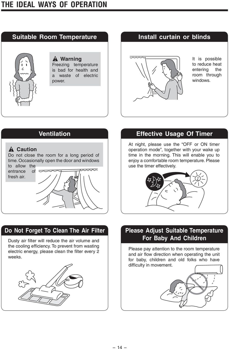 Caution Do not close the room for a long period of time Occasionally open the door and windows to allow the entrance of fresh air Effective Usage Of Timer At night, please use the OFF or ON timer